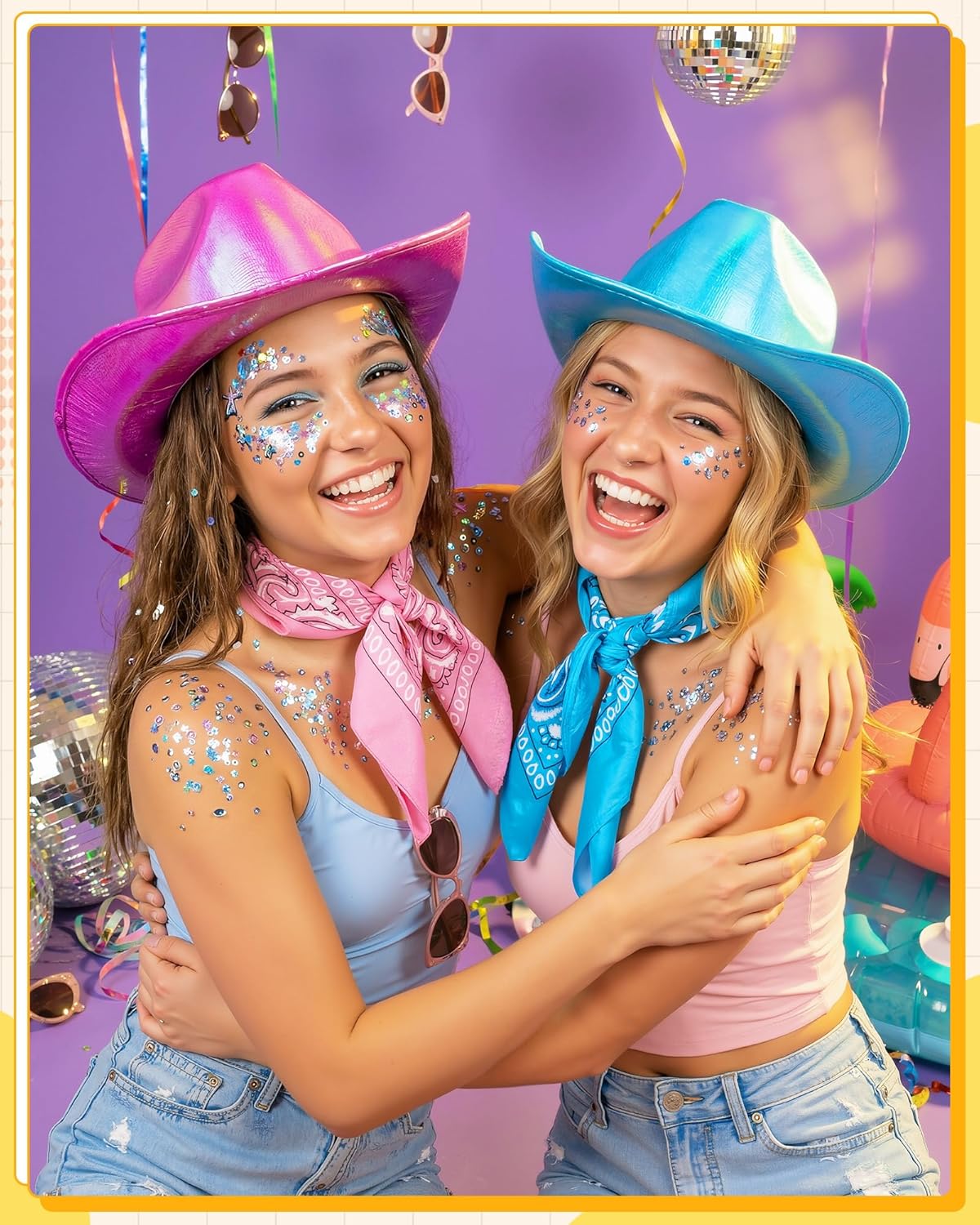 Hercicy 12 Pcs 6 Sets Sparkly Adults Cowboy Hat and Colored Paisley Bandanas Neon Holographic Western Glitter Cowgirl Party Hats Pink Bachelorette Party Supplies for Men Women Costume