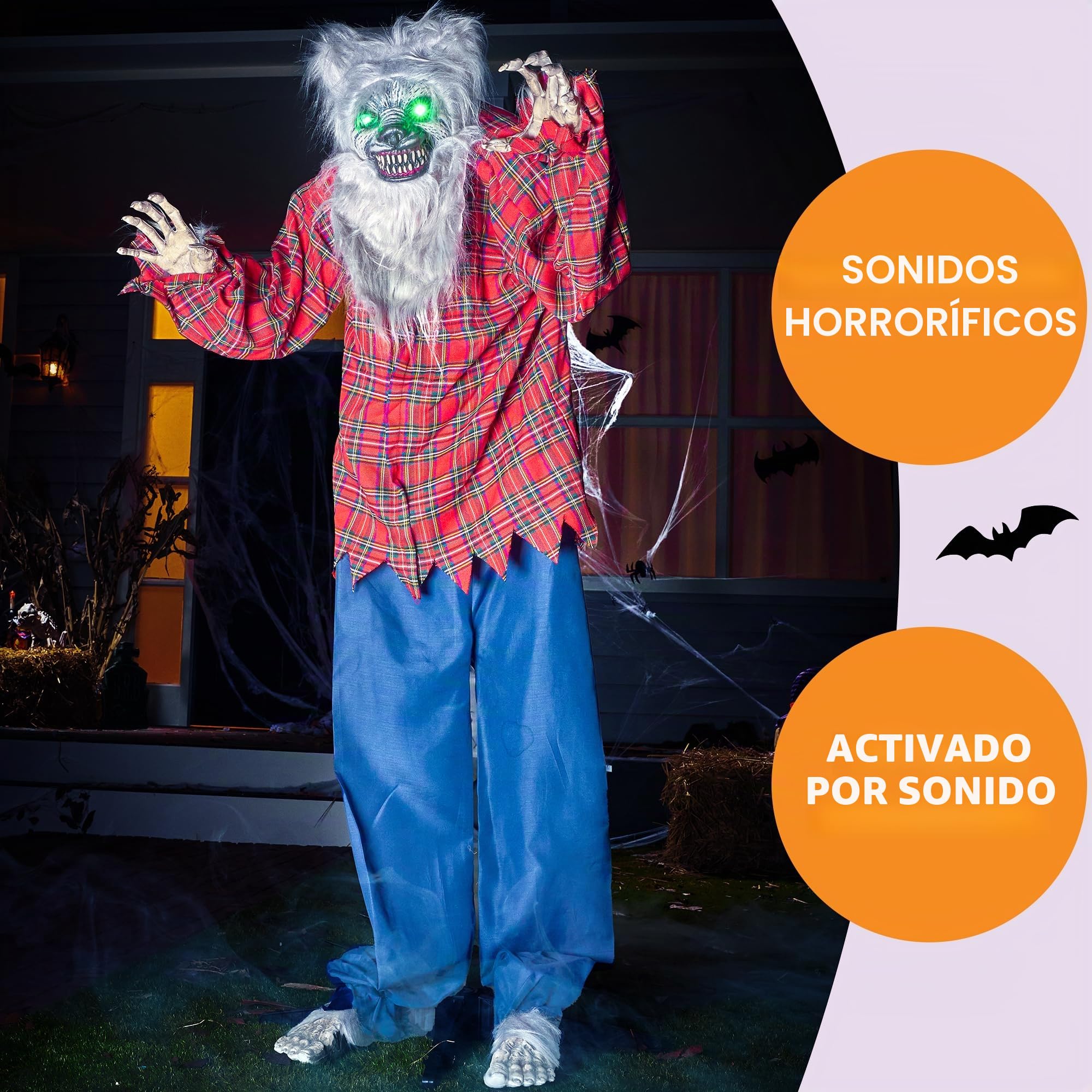 JOYIN Halloween 170 cm Animatrónico Hombre Lobo de pie Decoración Animada con Ojos aterradores y Brillantes (activados por luz y Sonido) para Accesorios de casa encantada de Halloween
