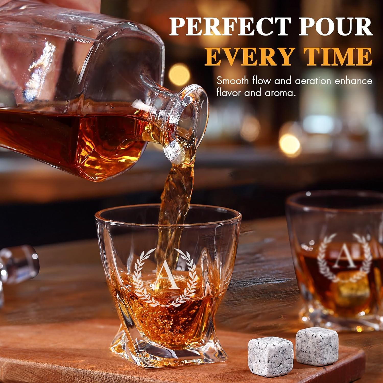 Personalized Whiskey Decanter 28 oz Twisted Whiskey Decanter Set for Liquor Vodka Brandy or Mouthwash Bottle Set for Him, Dad - Premium Set Includes Whiskey Stones (A) - Image 5