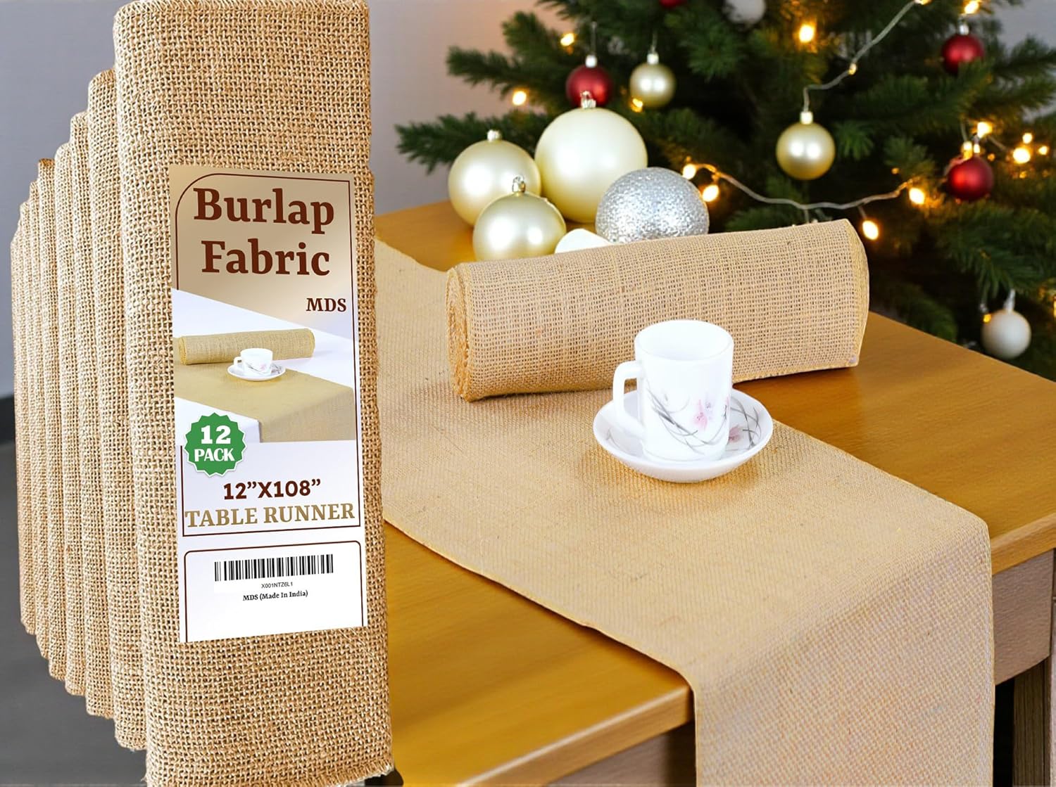 MDS Pack of 12 Pieces Wedding 12 x 108 inch Long Natural Burlap Table Runner, Rustic Farmhouse Jute Country Vintage Burlap Roll Runner for Wedding, Party Table Decorations , Boho Décor - Natural