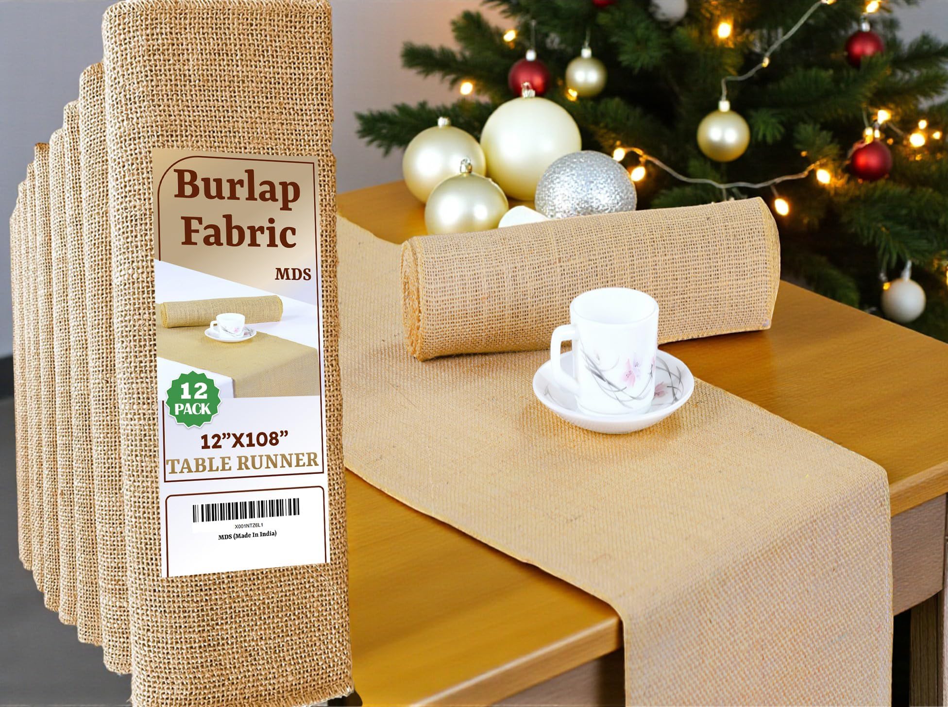 MDS Pack of 12 Pieces Wedding 12 x 108 inch Long Natural Burlap Table Runner, Rustic Farmhouse Jute Country Vintage Burlap Roll Runner for Wedding, Party Table Decorations , Boho Décor - Natural