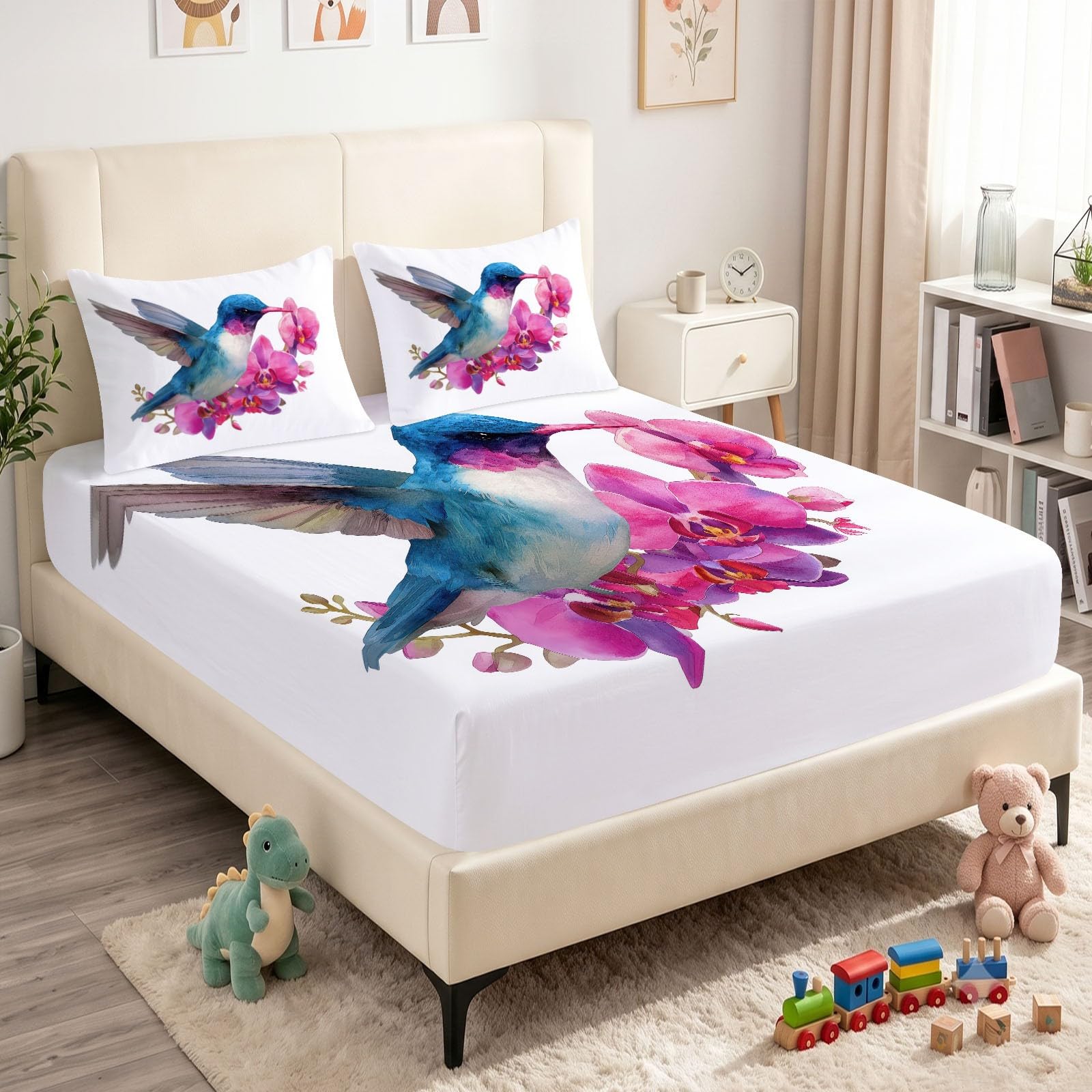 Juego de sábanas bajeras ajustables de 3 piezas, 140 x 200 cm, diseño de colibrí, de microfibra, color blanco, suave y agradable a la piel, transpirable, hipoalergénica, para colchones de hasta 30 cm
