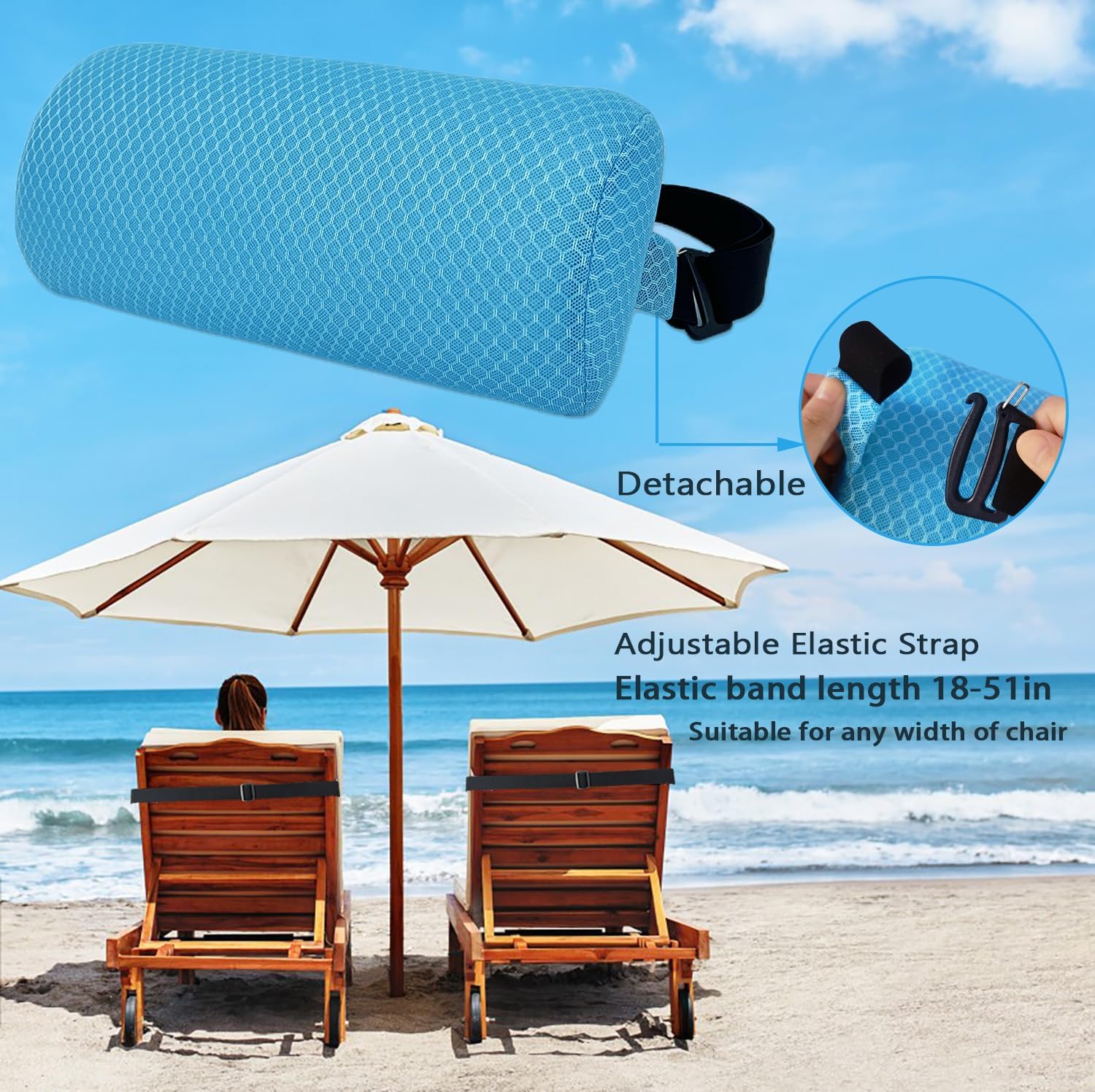 REEZEIVI 2 Pack Headrest Pillow for Patio Chaise Lounge,Chaise Lounge Pillows Outdoor 3D air mesh with Elastic Band,Quick Drying and Washable Spa Pillow for Recliner,Beach Chair,Office Chair,Blue