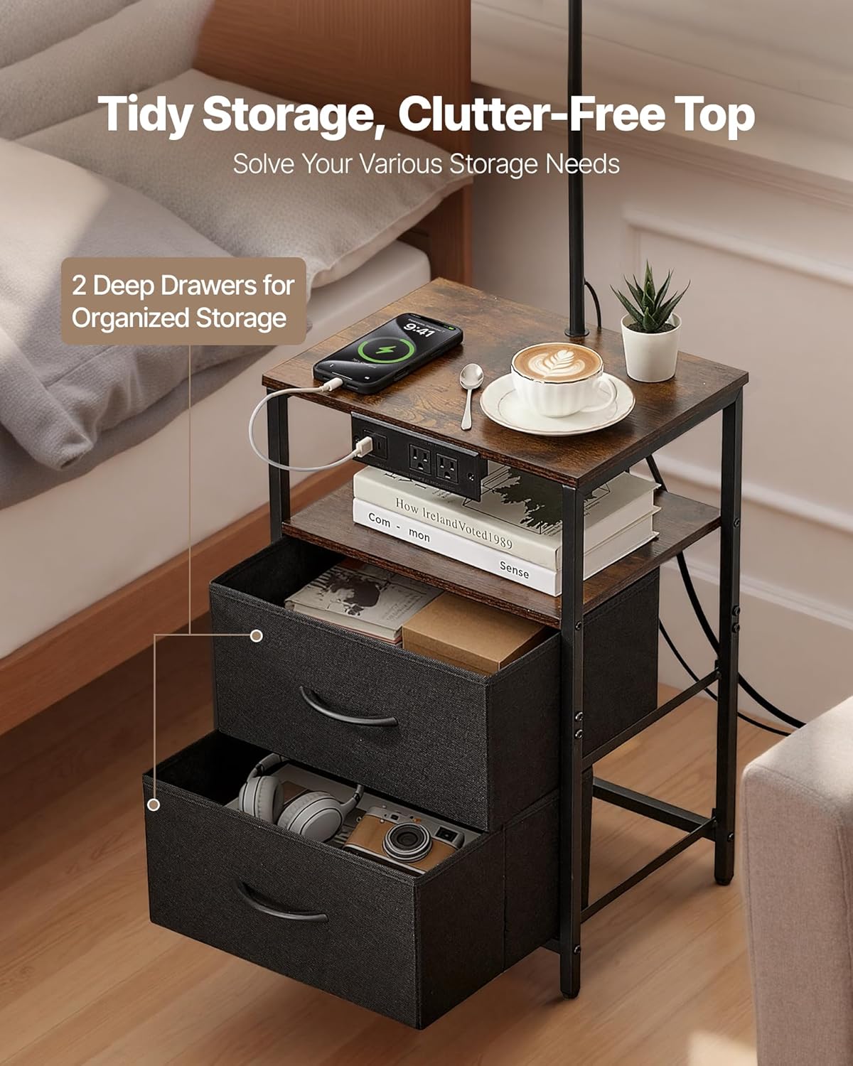 VEVOR Floor Lamp with Table & Charging Station, End Table with Lamp, 2 Drawers, USB, Type-C & AC Outlets, 3 Color Temperatures, Bedside Nightstand for Small Bedroom, Living Room, Dorm