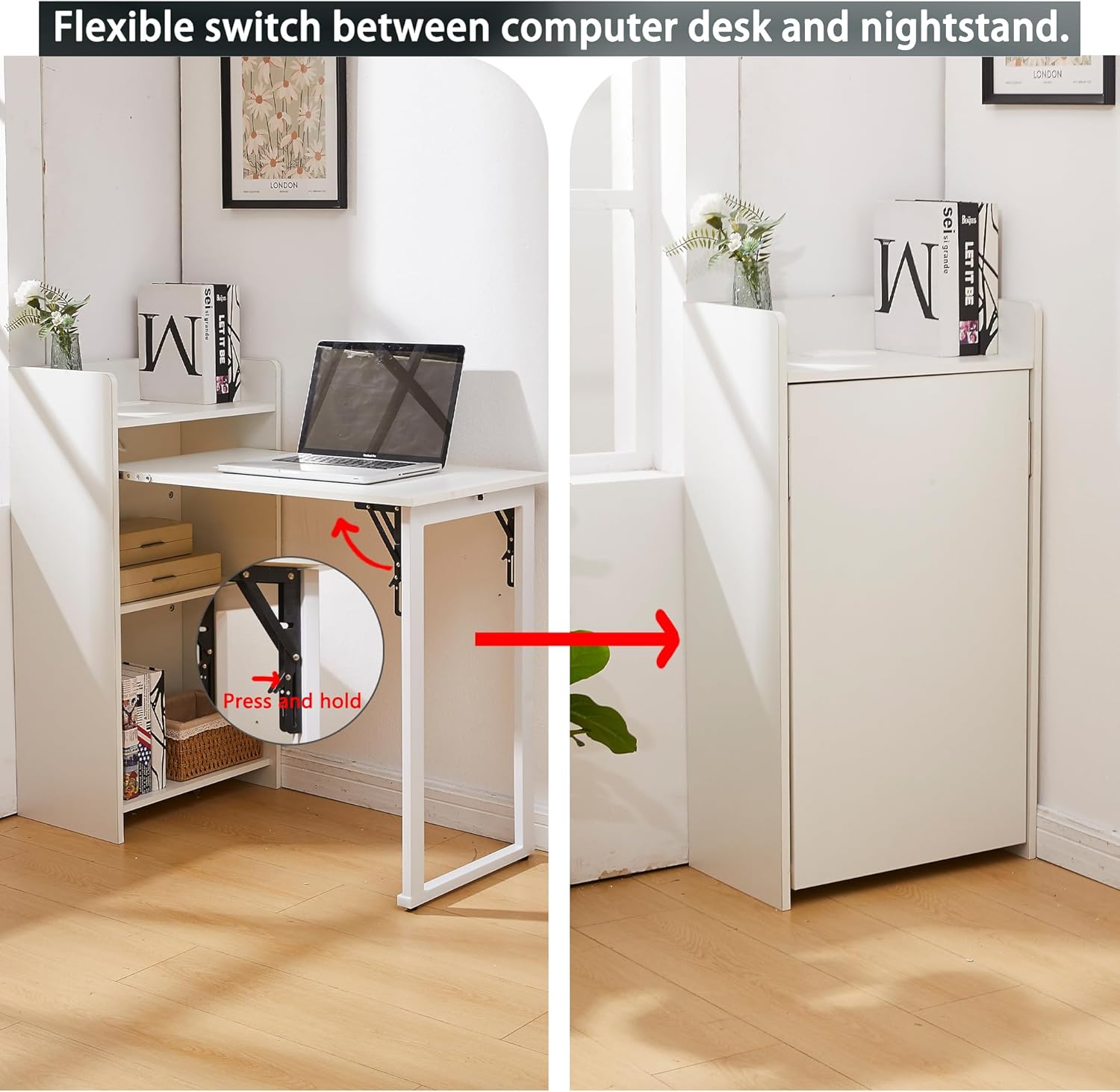 Foldable Desk,Hidden Desk with Storage and Built-in Socket,Mid Century Fold Out Table for Small Spaces,Home Office and Bedroom (White)