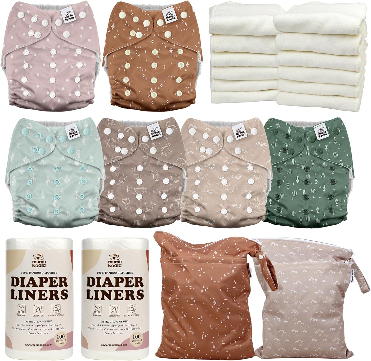 Mama Koala 3.0 Baby Cloth Diapers with 12 Inserts Bundle, with 2 Pack Wet Dry Bags, and 2 Rolls Natural Liners