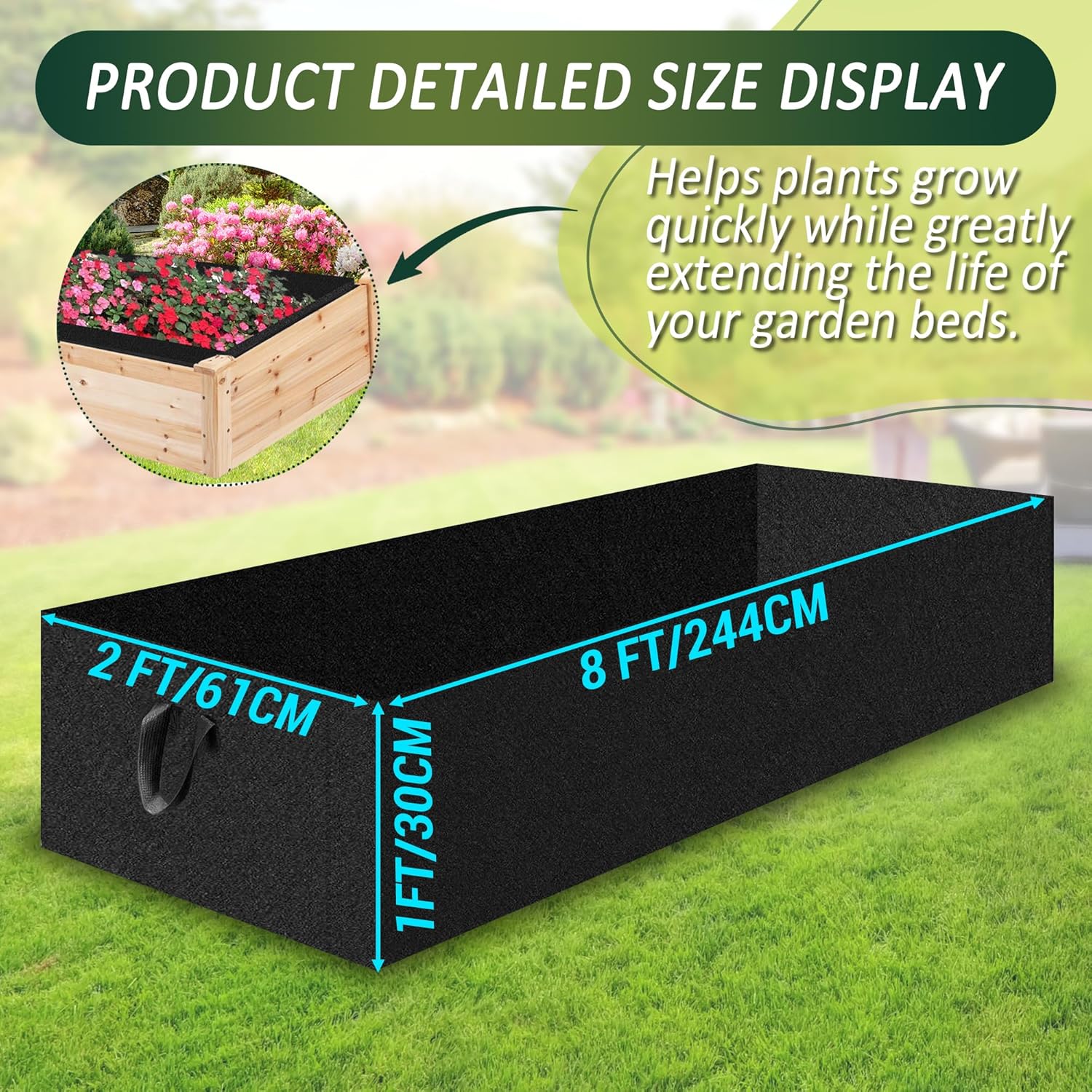 1PCS Raised Garden Bed Liner Fabric Raised Garden Bed Breathable Drainage Rectangle Grow Bags with Handles Fabric Garden Bed for Outdoor Garden Bed Holds Soil - 8ft x 2ft x 1ft