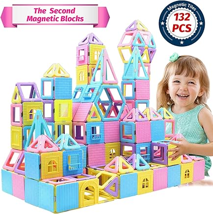 HOMOFY 132 PCS Over Size Castle Magnetic Blocks - Learning & Development Magnetic Tiles Building Blocks Kids Toys for 3 4 5 6 7 Years Old Boys Girls Gifts(3D Macaron Colors)