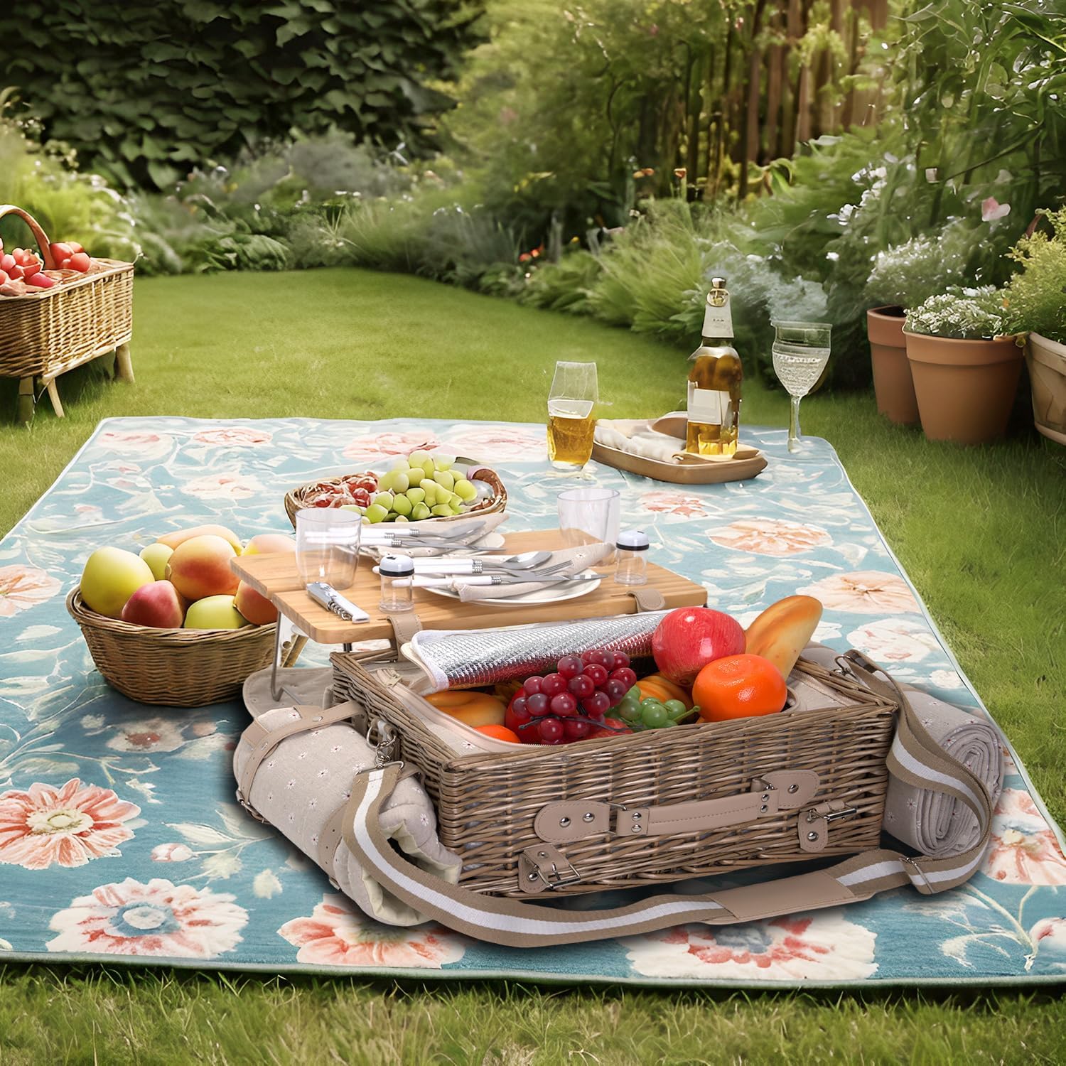 Set di cestini da picnic in vimini per 2 persone con coperta e tavolo da picnic isolato