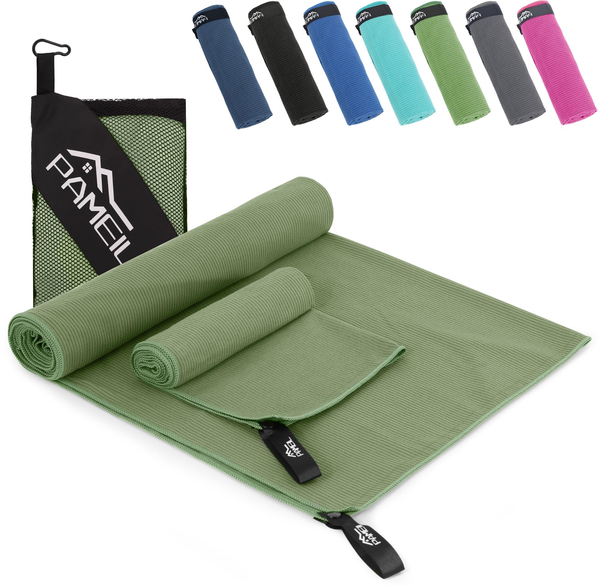 Pameil Toalla Gimnasio Juego de 2 (Toalla Microfibra 160x80 cm + Toalla Pequeña 80x40 cm), Compactas y de Secado Rápido-Toallas Gimnasio Deportes y Fitness (Verde Militar)