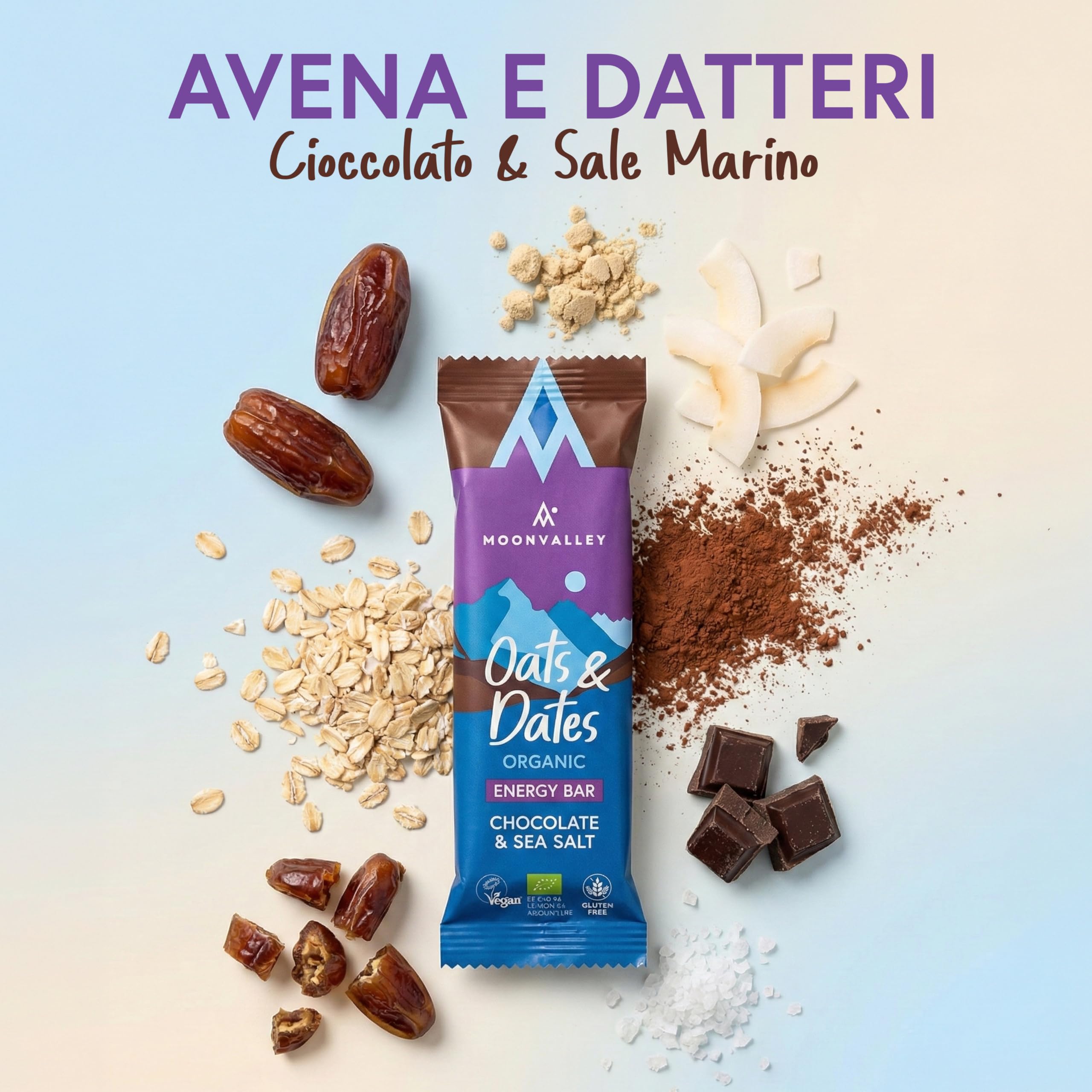 MOONVALLEY Barrette Energy al Cioccolato & Sale Marino – a base di Avena & Datteri - Vegan, Bio, Senza Glutine, Senza Zuccheri Aggiunti – Confezione da 12 Barrette da 50g
