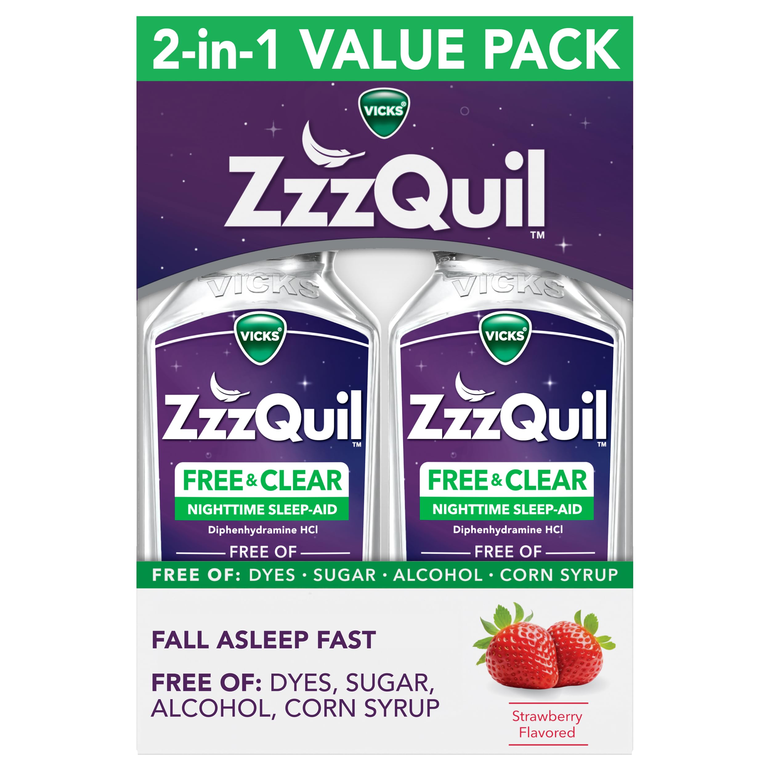 ZzzQuil Liquid Sleep Aid, Diphenhydramine 50mg HCI, Free & Clear, Free of Alcohol and Artificial Dyes, Nighttime Sleep Aid Liquid, Non-Habit Forming, Strawberry Flavored, 2 Pack, 24 FL OZ