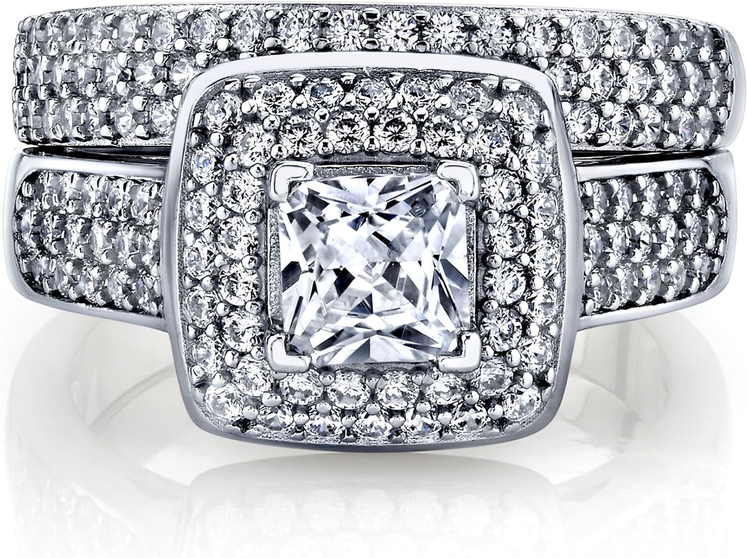 Metal Masters Women's 1Ct. Sterling Silver 925 Princess-cut Double Halo Cubic Zirconia Wedding Engagement Ring Set