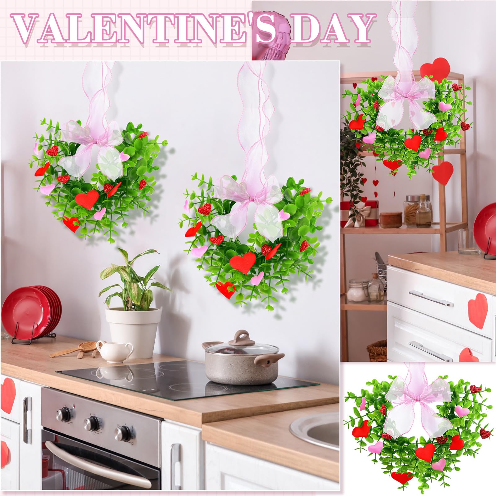 6 Stück Valentinstag Herz Kranz Dekorationen Küchenschrank Kränze mit rosa Schleife Mini-Kränze künstlicher Eukalyptus Frühling Grün hängende Dekorationen Kranz für Fenster Wand Hochzeit Party