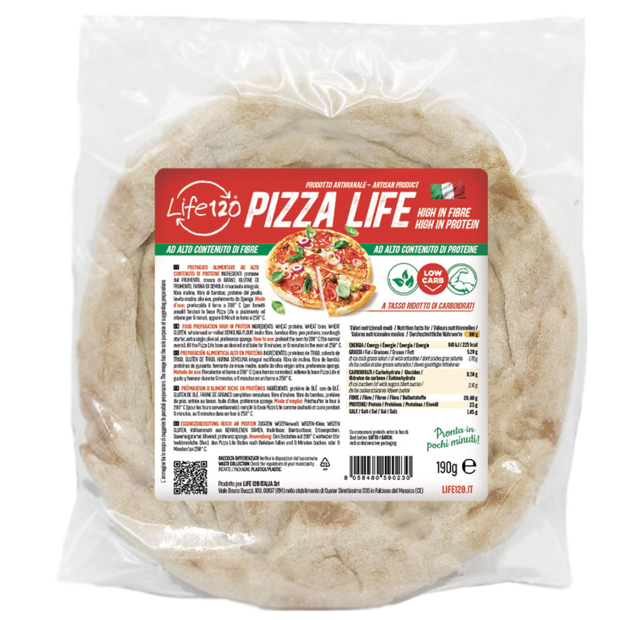 Life 120 - Box Pizza - Pizza Proteica Keto de Bajo Contenido en Carbohidratos, Rica en Fibra y Alto Contenido de Proteínas - 190g - Caja de 6