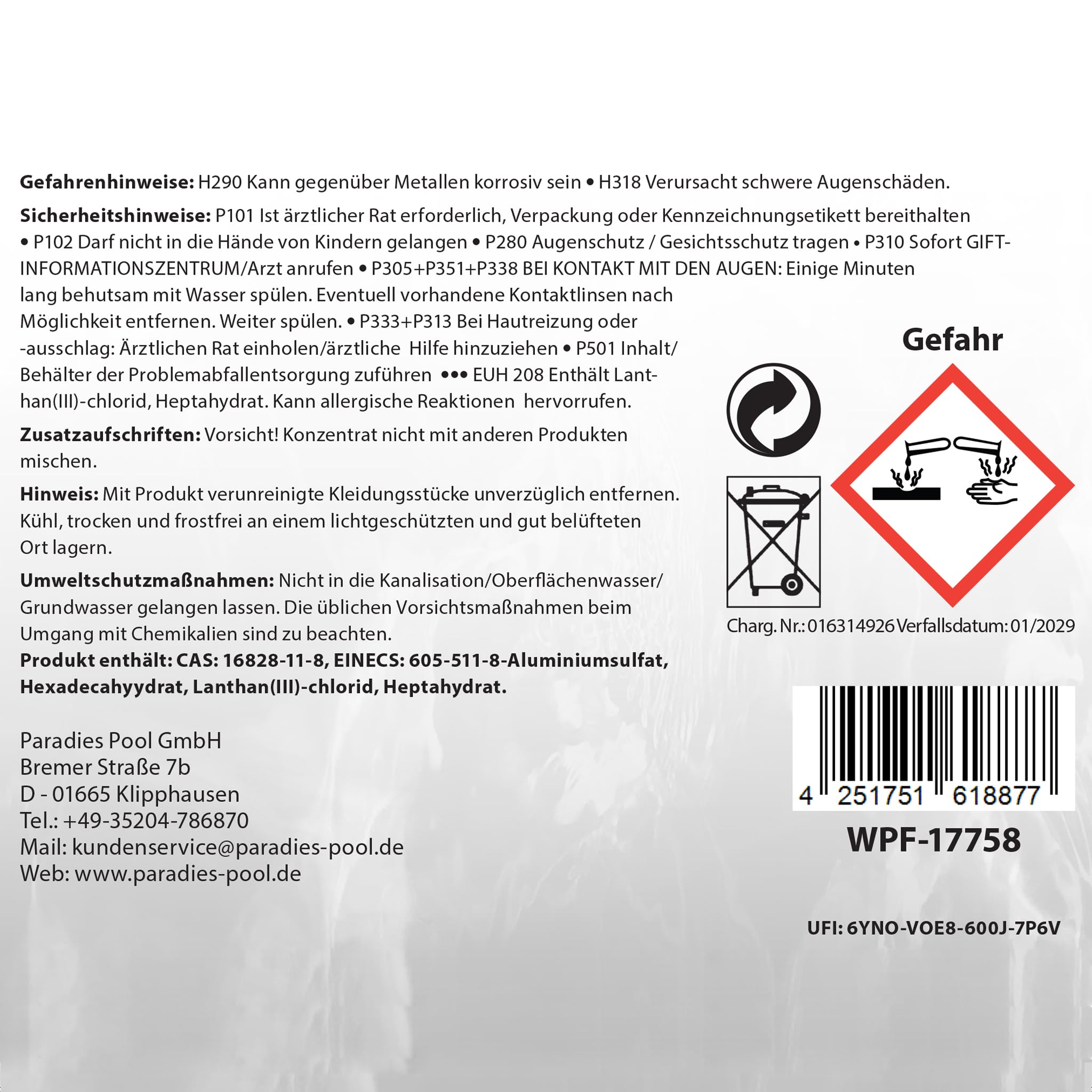 Paradies Pool Flockungsmittel Flockkartuschen 24 x 125 g = 3 kg, geeignet für Sandfilteranlagen zur Trübungsentfernung Beseitigung Schwebstoffe