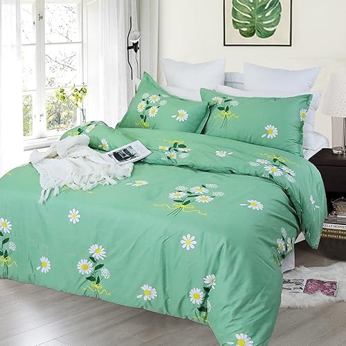 Miniatura 2 de Usfivefam Juego de funda de edredón floral verde individual, funda de edredón botánica de 3 piezas con patrón de margarita, microfibra suave y