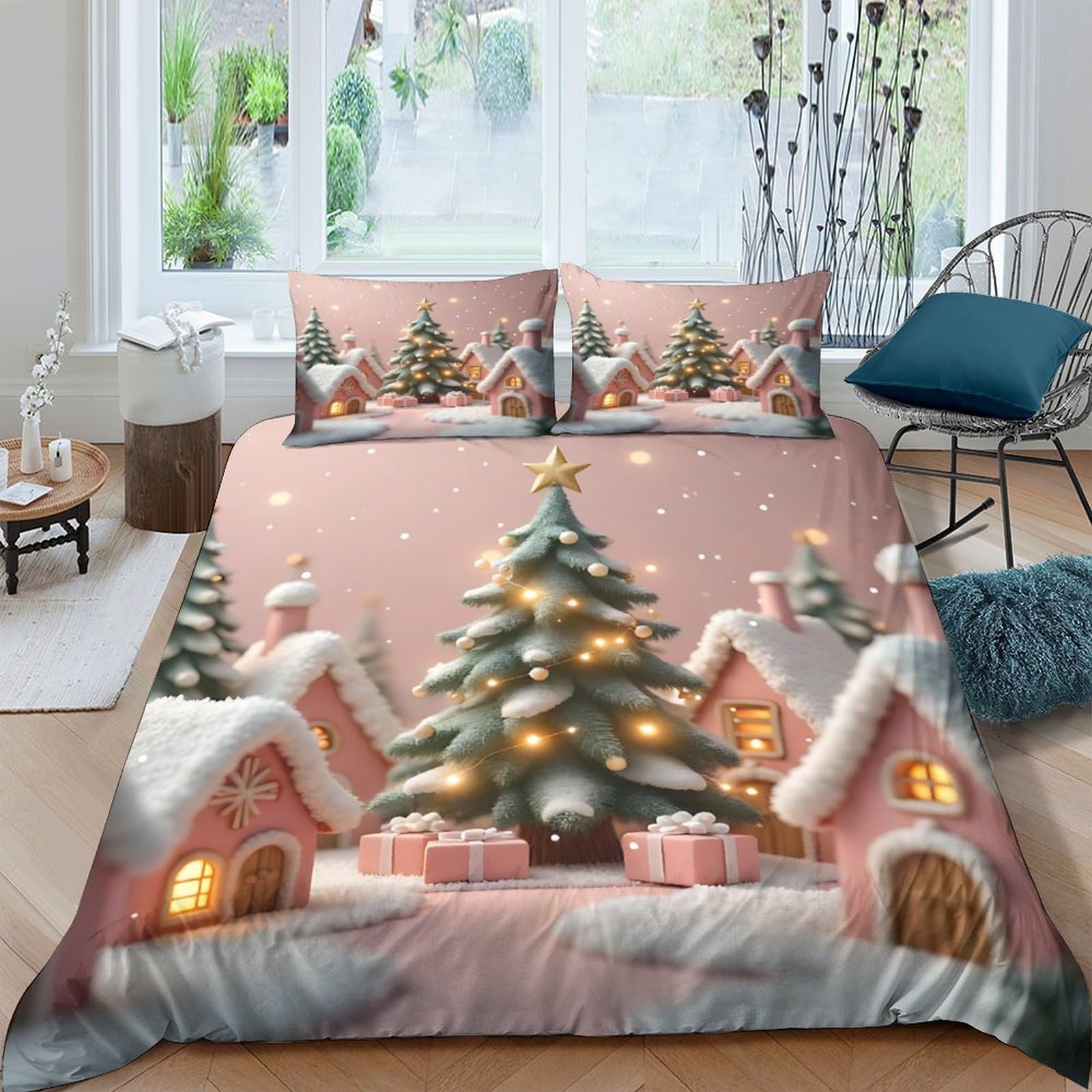Ctjqhvkz Style-6 3D Printed Christmas Village Fitted Sheet Microfiber Soft Pink Winter Tree Bed Cover For Bedroom Guest Room Decor Single（135X200cm）