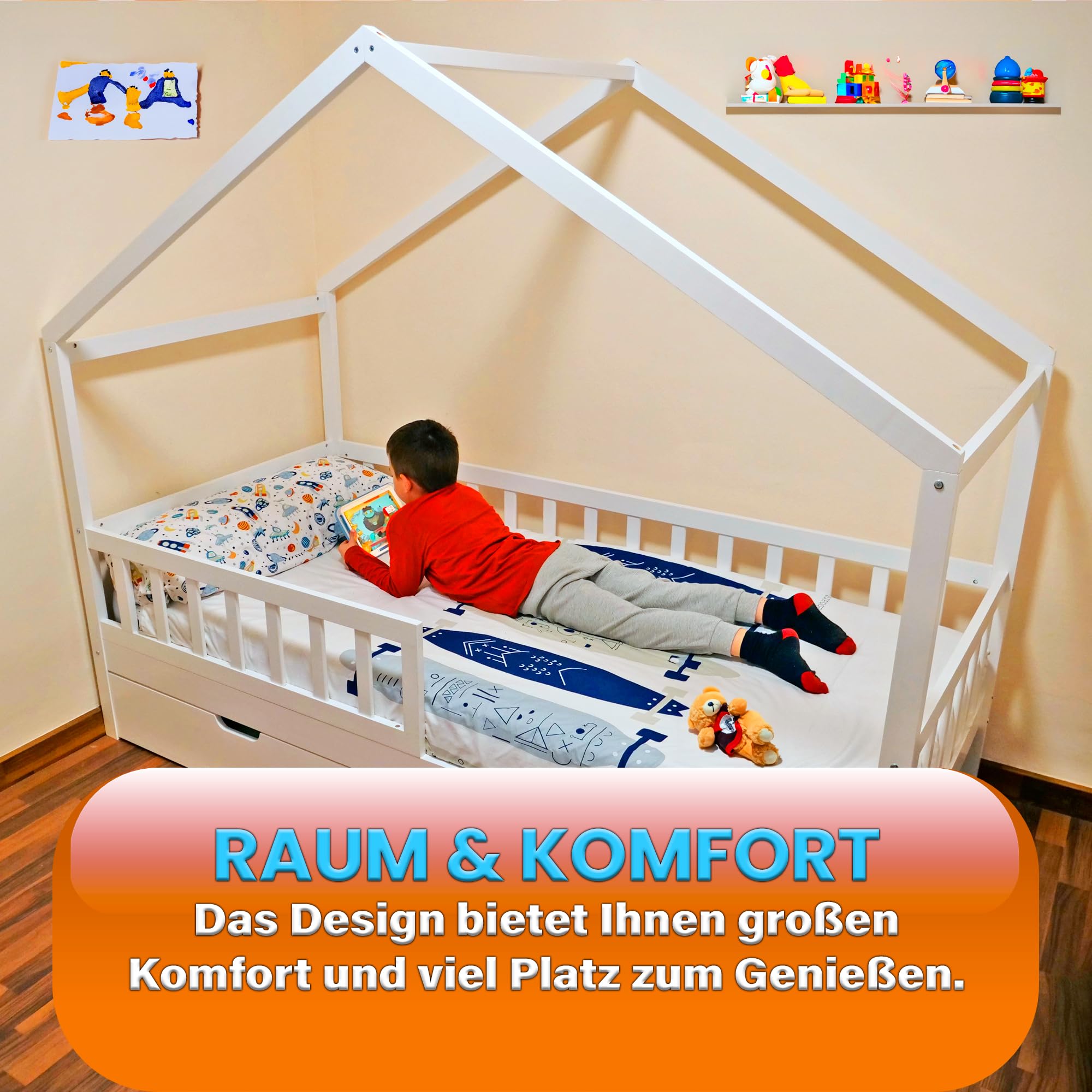 Kinder Hausbett 90x200 cm aus Massivholz Kiefer – Weiß – mit 2 Schubladen, Lattenrost & Rausfallschutz – Kinderbett im Haus-Design (ohne Matratze)