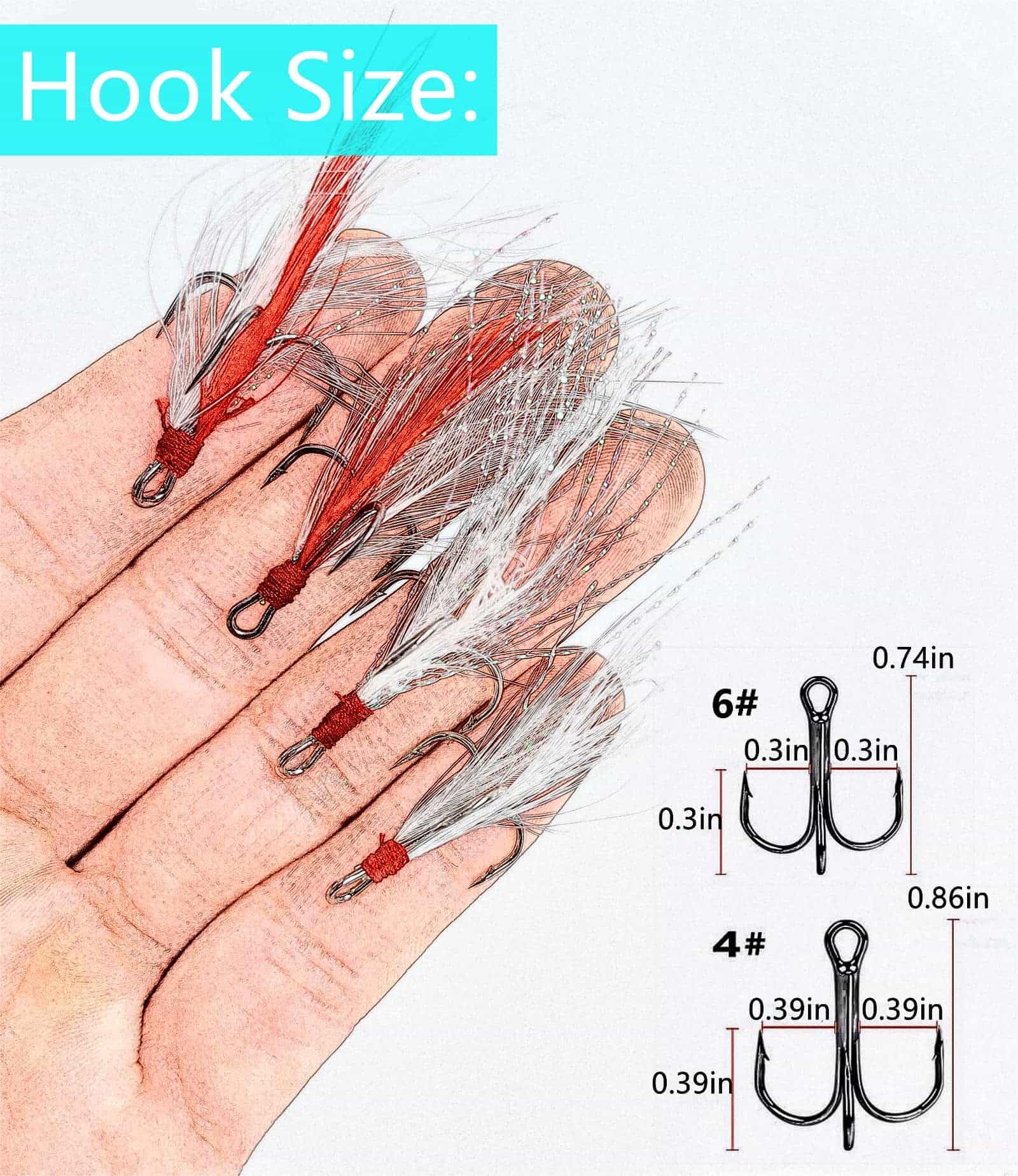 Fishing Treble Hooks Feather Dressed Size 4 6 Set including Split Rings for Fishing Lure Making kit, Nickel,Red,White - Image 2