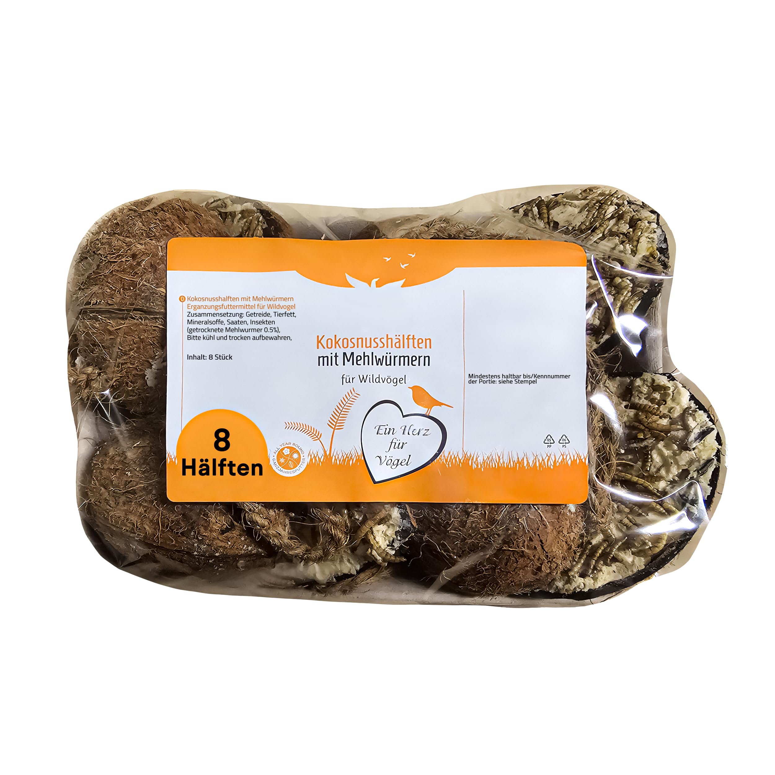 Blumixx Lot de 8 croquettes pour oiseaux en demi-noix de coco avec vers de farine – Nourriture riche en protéines pour oiseaux sauvages à suspendre toute l'année Convient pour oiseaux et écureuils