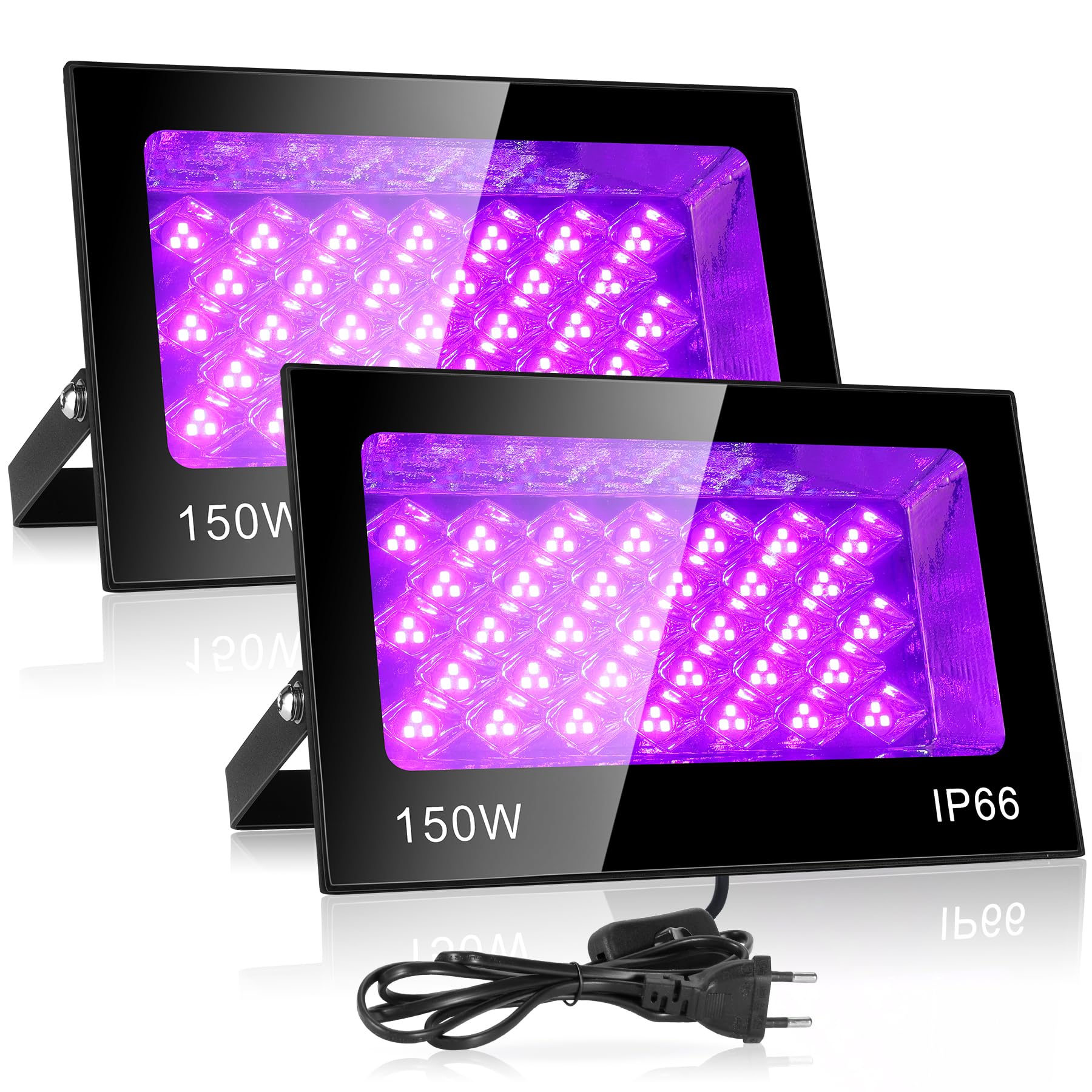 VAYALT 2 PCS 150 W LED Luz Negra, Potente Foco UV, IP66 Impermeable Luz UV, 395-405 nm Lámpara UV con Interruptor para Fiesta de Navidad, Luz Nocturna, Fiesta de Neón, Halloween, Black light Party