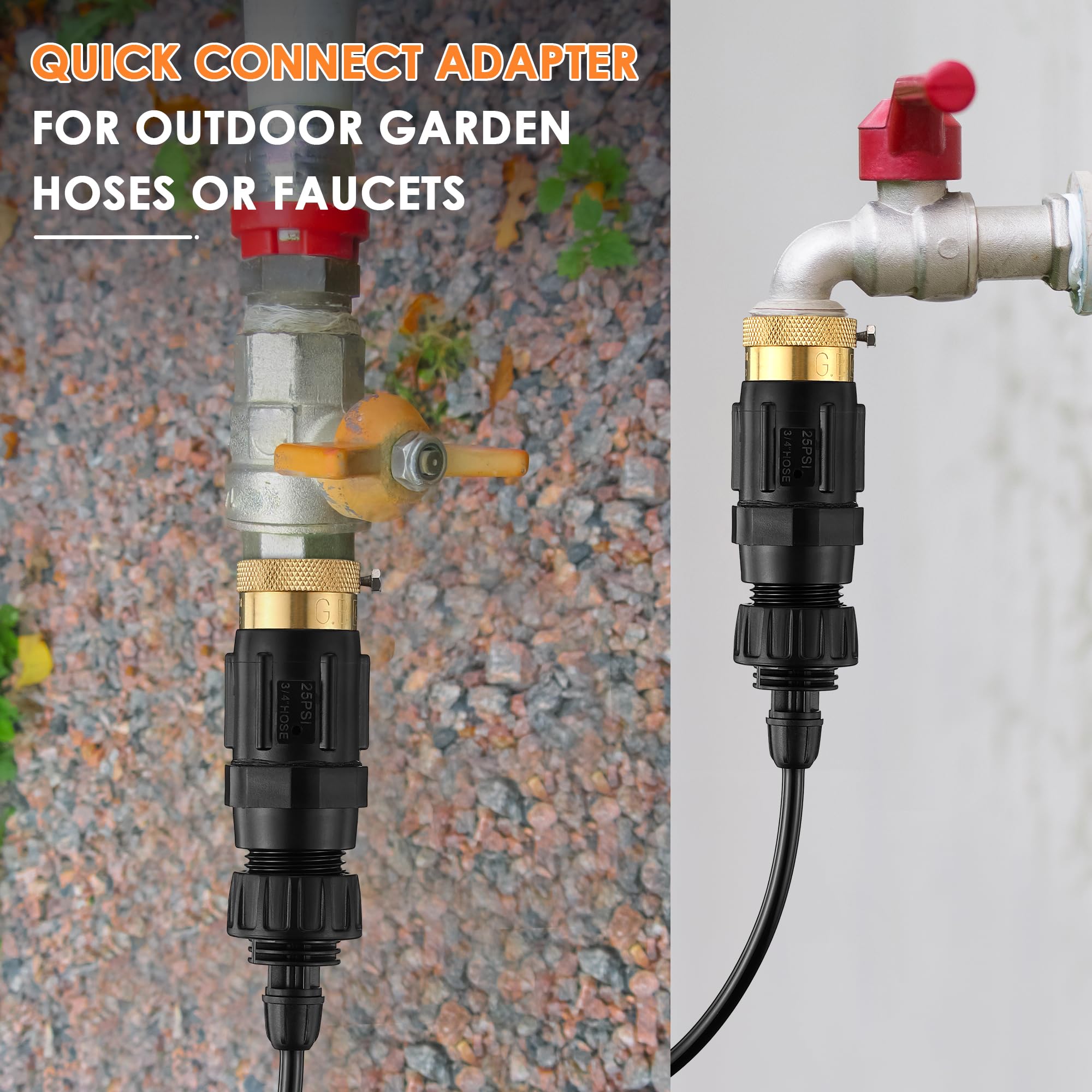 Adaptador de grifo de riego por goteo de 25 PSI, tubo de 1/4 pulgadas de conexión rápida a manguera de jardín de 3/4 pulgadas con prevención de reflujo, filtro, cinta de fontaneros, regulador