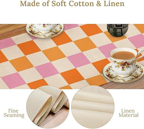 Miniatura 4 de Camino de mesa hippie vintage geométrico cuadriculado amarillo naranja rosa de los años 1960 y 1970 estilo retro campestre para sala de estar,