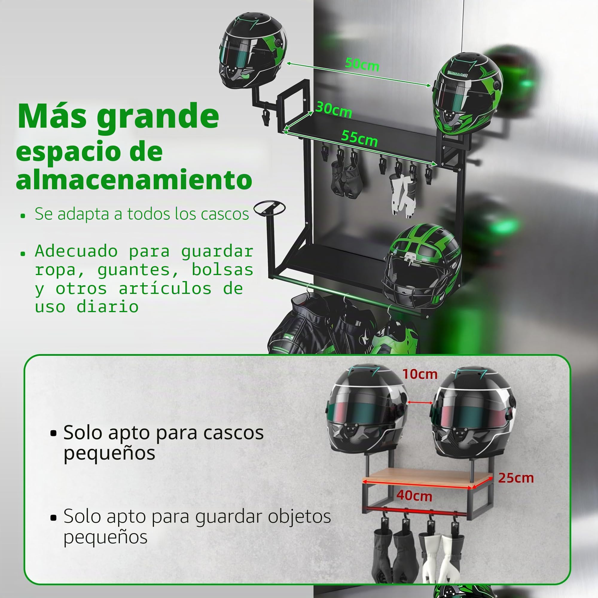 Soporte casco moto, de pared, para 4 cascos, dos niveles, metálico,L | Universal para todos los cascos, doble barra, colgar ropa y guantes, 8 pinzas, robusto, accesorios moto, percheros pared