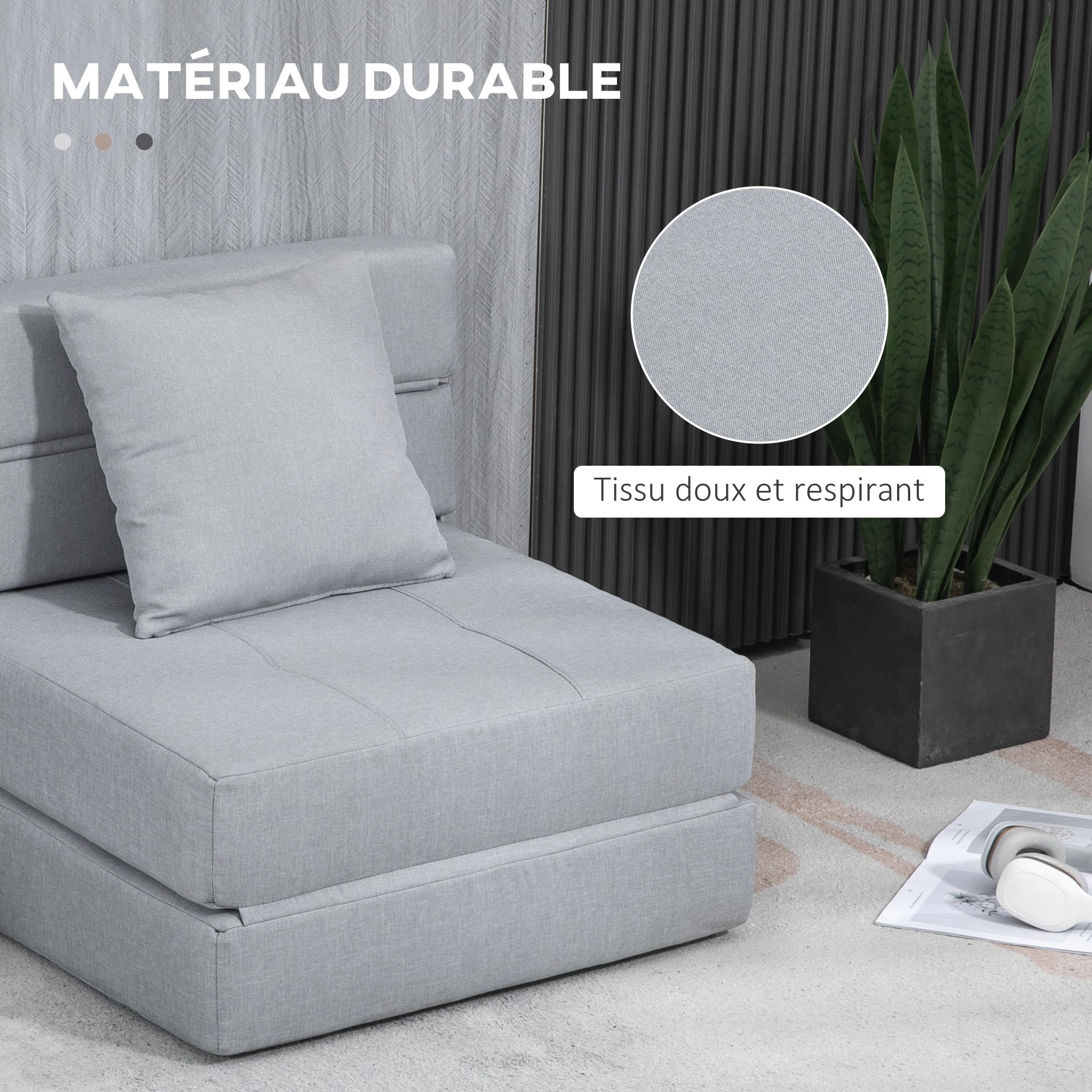 HOMCOM Fauteuil Convertible 1 Place Fauteuil lit chauffeuse 1 Place - Coussin déhoussable Inclus - Chaise de Sol pour invités, Salon, Charge 120 kg, Gris Clair
