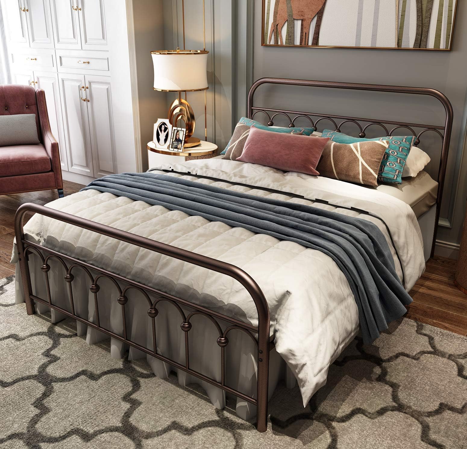 TUSEER Metal Bed Frame Full Size with Vintage Headboard and Footboard Platform Base Wrought Iron Double Bed Frame Antique Brown (Full, Antique Brown).