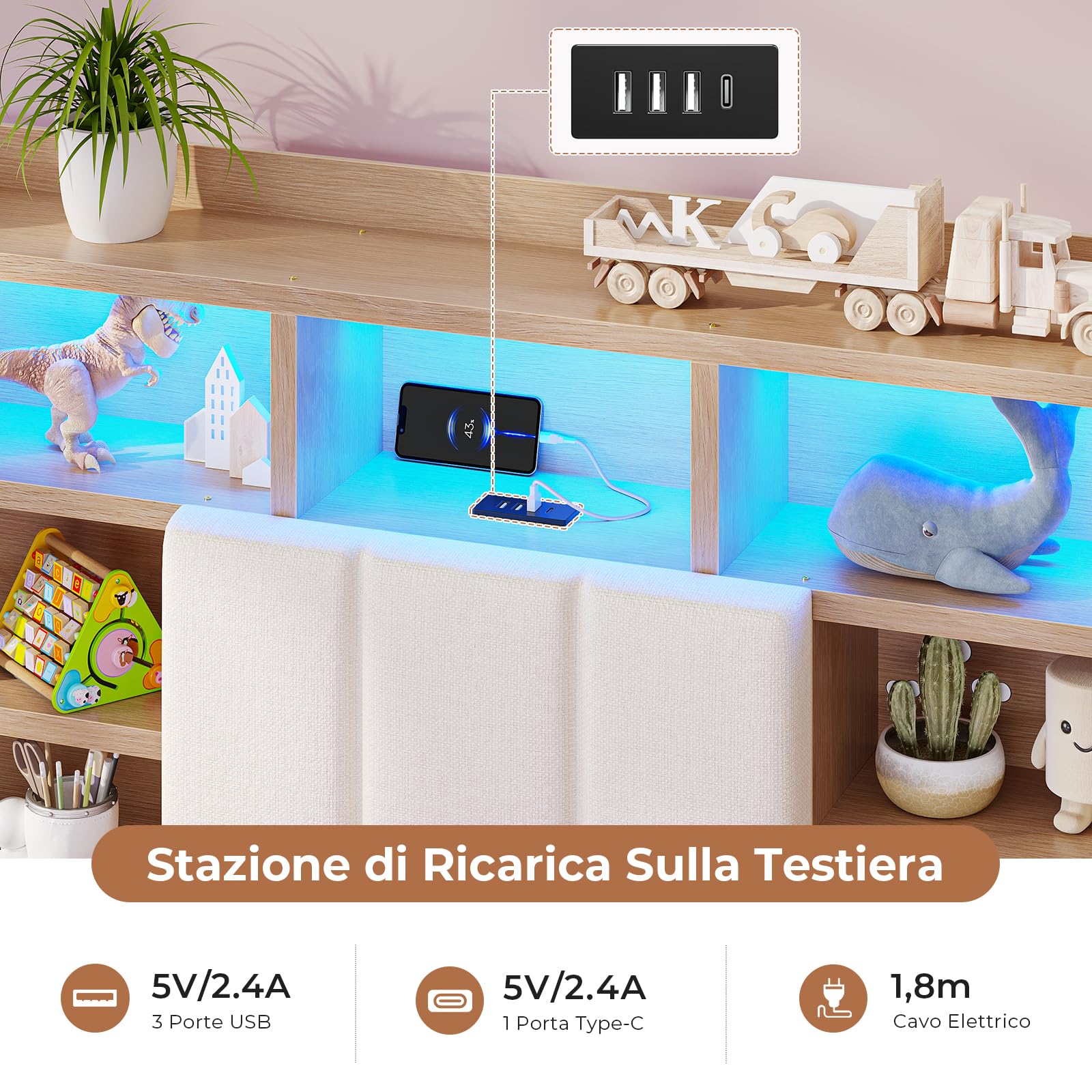 AOGLLATI Letto Singolo Imbottito 90x200 con Cassetti, Letto Contenitore