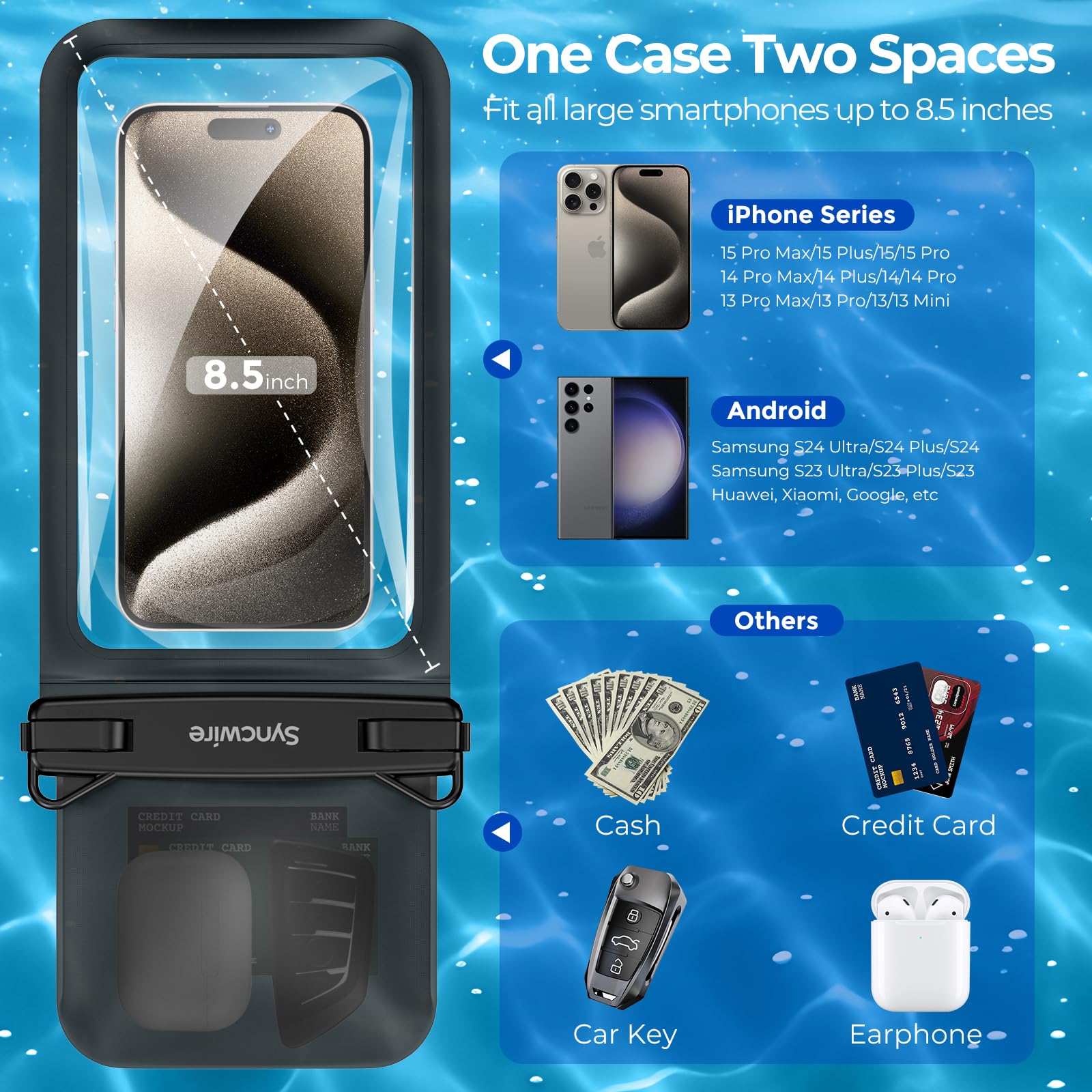SYNCWIRE Wodoodporne etui na telefon, 2-pak IPX8 podwójne kosmiczne wodoodporne etui na telefon iPhone 15 14 13 12 Pro Max XR X SE 2022 8 Samsung S24 S23 S22 Ultra S21 telefony poniżej 8,5 cala -