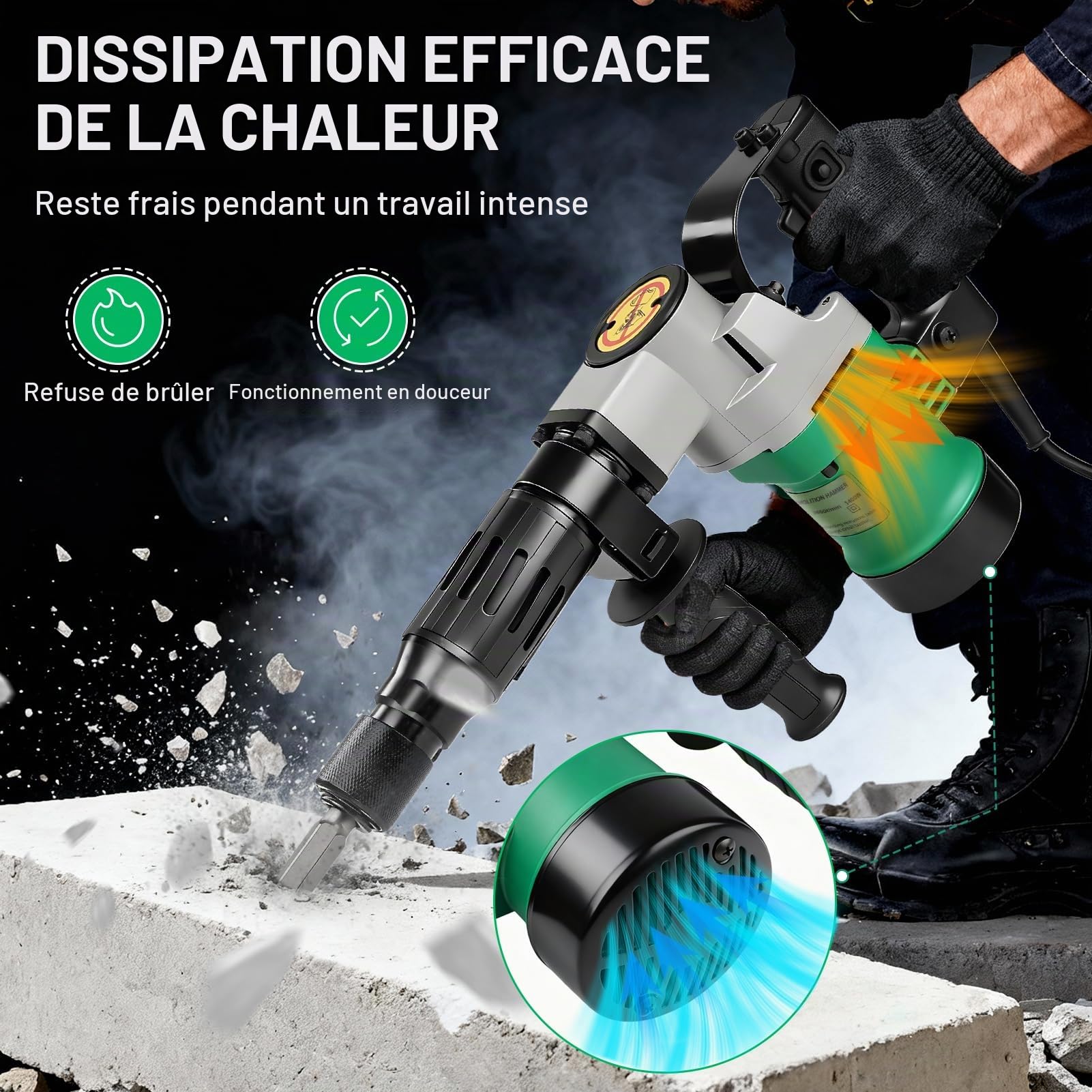 Marteau de démolition 1400 W, Marteau Piqueur, Marteau perforateur, SDS-Plus | Force d'impact 30 J | 3600 BPM | Poignée Anti-vibration, Burin Pointu, Plat Coffret Inclus pour Buriner Béton, L'ardoise