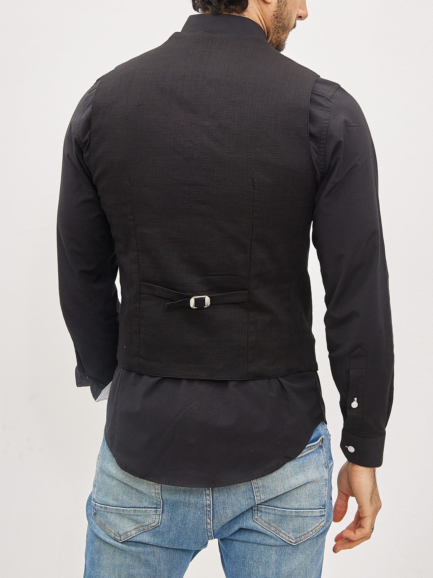 Subliminal Mode - Gilet + camicia + cravatta da uomo con colletto bicolore tinta unita manica lunga vestibilità business stiratura facile RN33, Nero , S