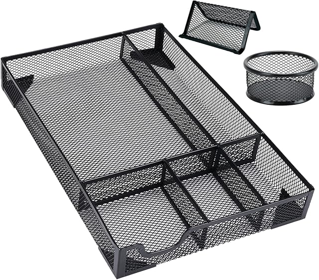 Aileese Desk Drawer Organizer Tray- Metal Mesh 5 Compartments Large Space,Multi-use Storage Box Set for Office,Bathroom,Kitchen Flatware,Makeup