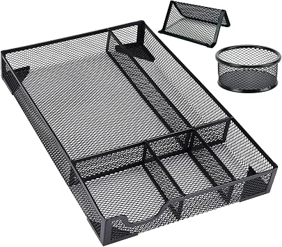 Aileese Desk Drawer Organizer Tray- Metal Mesh 5 Compartments Large Space,Multi-use Storage Box Set for Office,Bathroom,Kitchen Flatware,Makeup