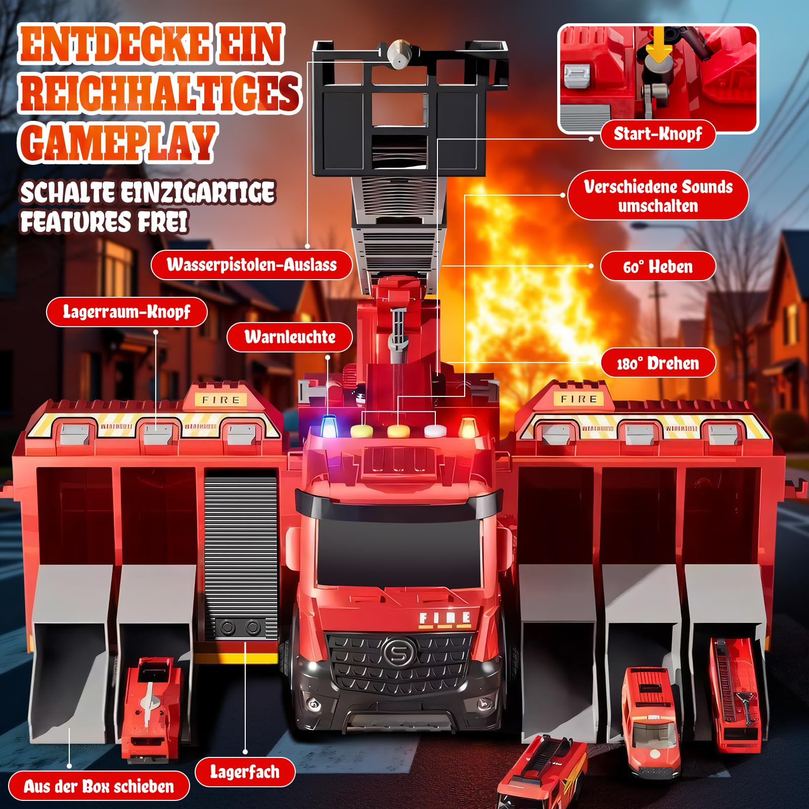 Großer Feuerwehr Truck Spielzeug, Rettungsfahrzeug Set mit 6 Mini Autos, Feuerwehrauto Autotransporter Spielzeug für Kinder ab 2 3 4 Jahren Kindergeburtstage und PD