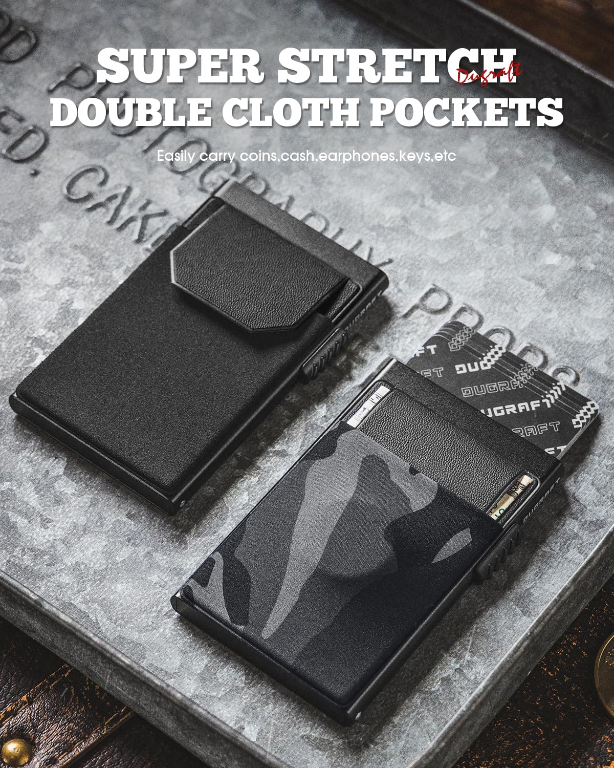 DUGRAFT Porta Carte con Tasca per Soldi, Minimalista da Uomo Sottile in Alluminio Metallo Pop-Up Portafoglio con Confezione Regalo, Contiene 5 Carte e Contanti