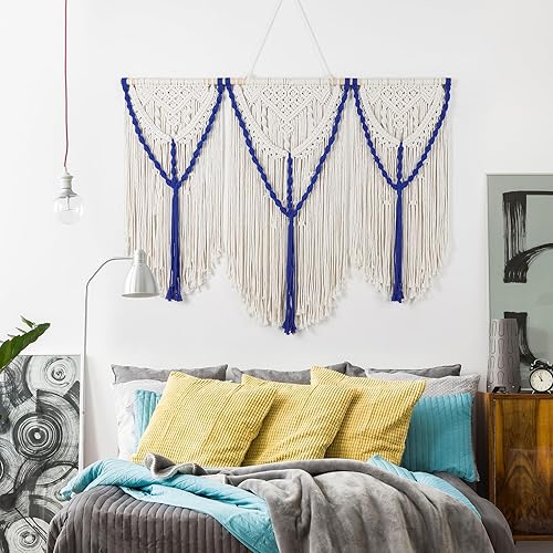 SEBKQ Tapiz grande de macramé para colgar en la pared estilo bohemio hecho a mano con borlas estilo nórdico decoración de pared para dormitorio sala