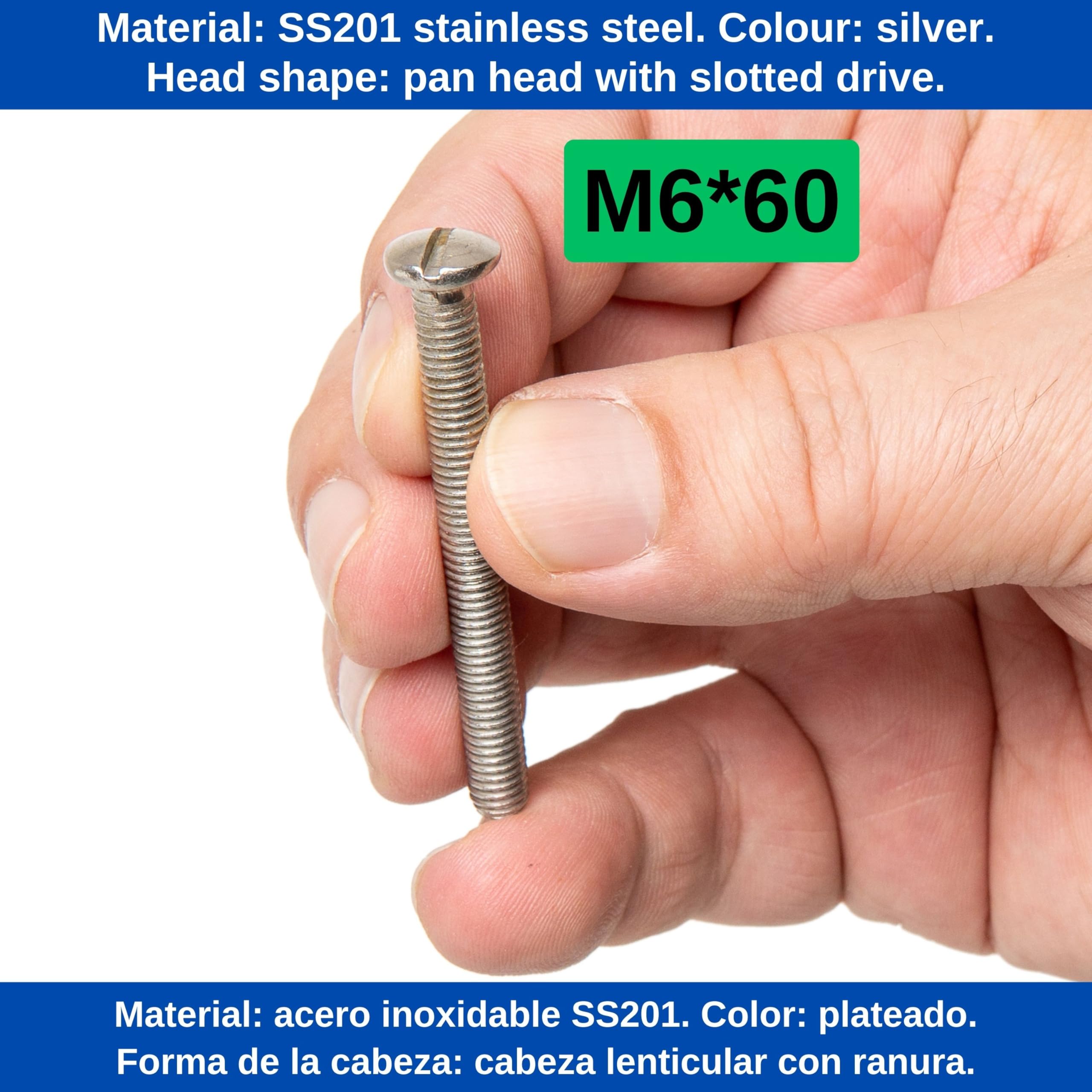 Vite di montaggio di ricambio M6x60 per valvola di scarico del lavello, utilizzabile universalmente per Ø 62,5 mm - 1 1/4 di pollice e 70 mm - 1 1/2 di pollice, acciaio inossidabile SS201, viti