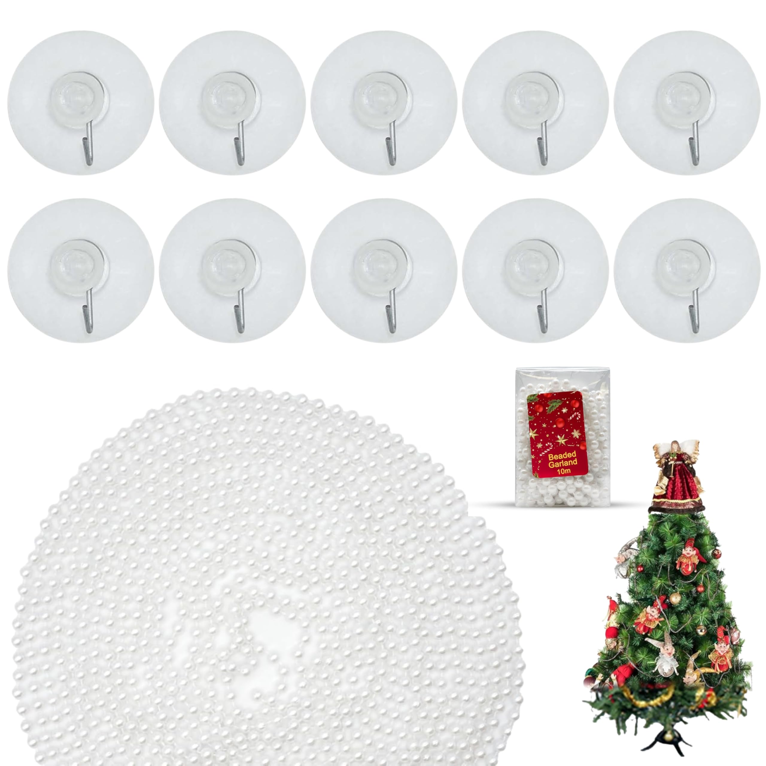 SRV Hub Christmas Pearl White Beaded Chain 10M with 10Pcs Transparent Suction Hooks, Beaded Garland for Xmas Tree, Self-Adhesive Window Hooks for Wreaths Holiday Decor