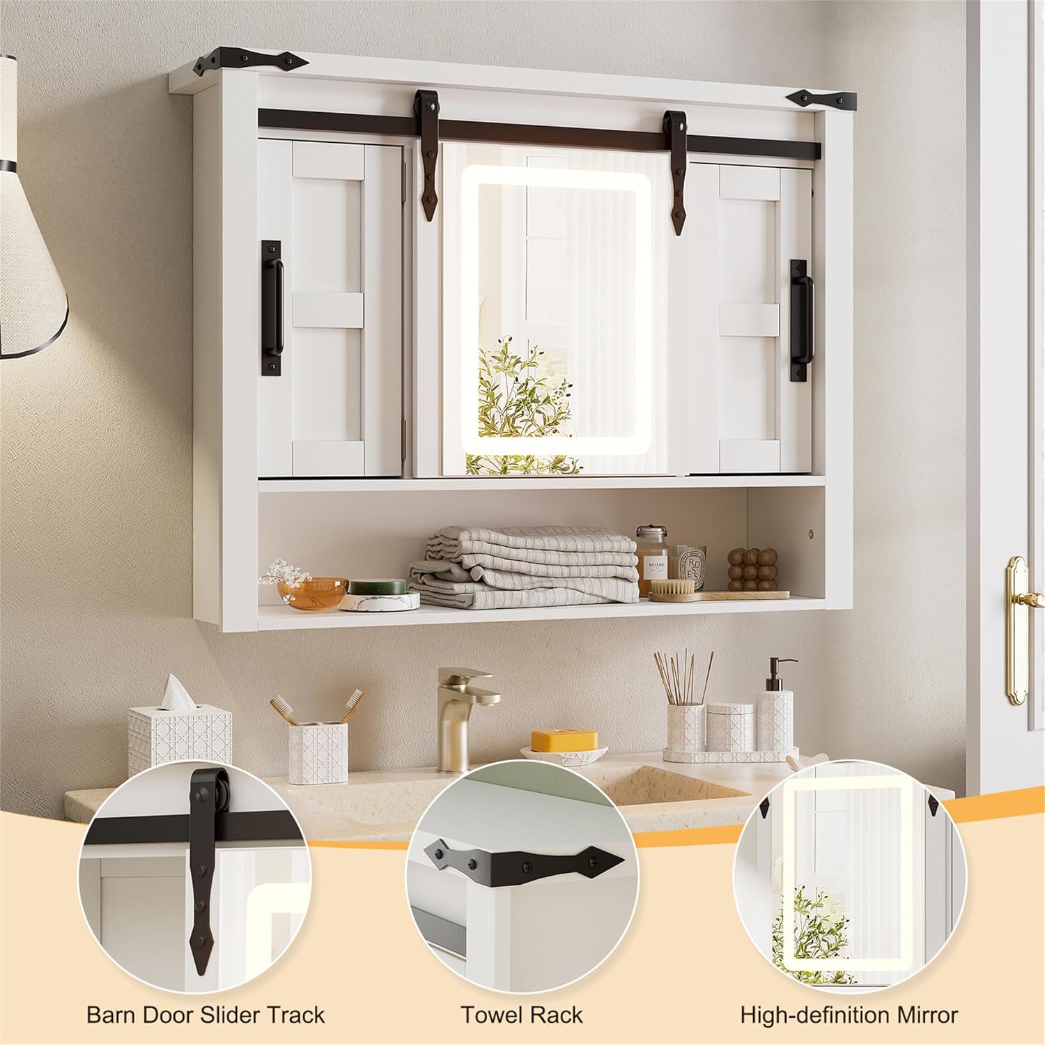 Bathroom Medicine Cabinet with Mirror, Wall Mounted Medicine Cabinet with Color Adjustment LED Lights, Mirrored Over The Toilet Storage Cabinet with Sliding Barn Door & 2 Adjustable Shelf,White