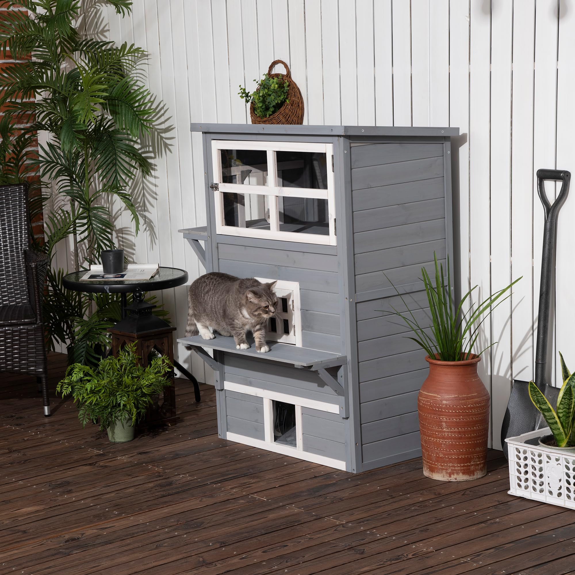 PawHut Caseta para Gatos de Madera 98x68,5x122 cm Grande 5 Puertas Gris | Casa para Gatos, 3 Niveles, 2 Plataformas, Terraza Balcón Jardín