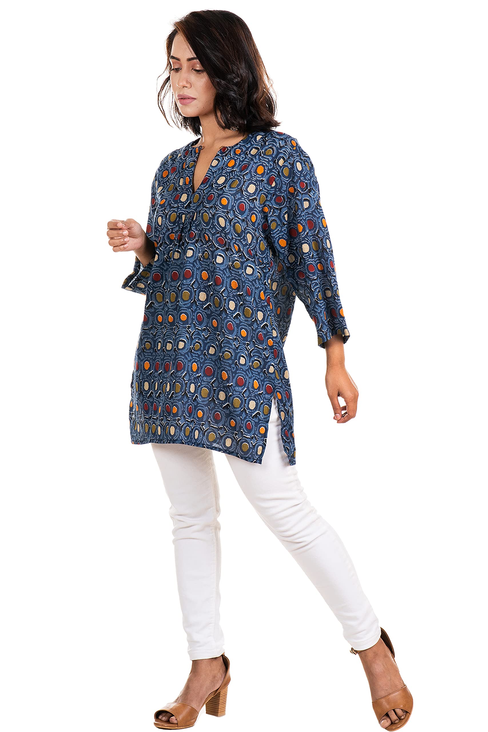 AQVA Cotton Printed 3/4 Sleeves V Neck Straight Regular Fit Gigi Tunic Kurta for Women (Black Flower) (Small, Digidot Navy)