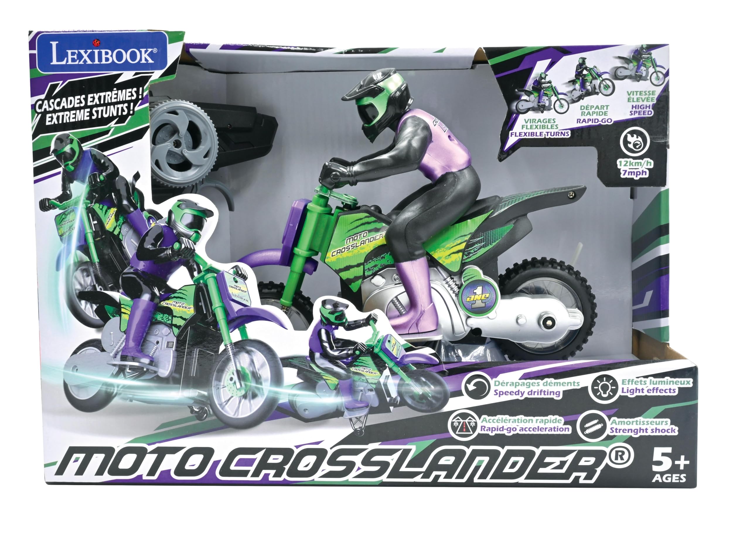 Lexibook, Moto Todoterreno radiocontrolada Crosslander®, hasta 12km/h, Equilibrio, Efectos de luz, derrapes Locos, aceleración rápida, Mando a Distancia ergonómico, Recargable, RC18LXB