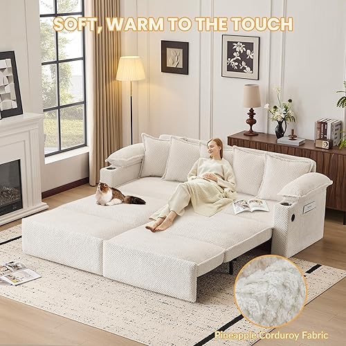 Miniatura 3 de Sofá cama extraíble tamaño King de 83 pulgadas, sofá cama convertible 4 en 1 con puertos USB, portavasos, bolsillos laterales, sofá biplaza de pana