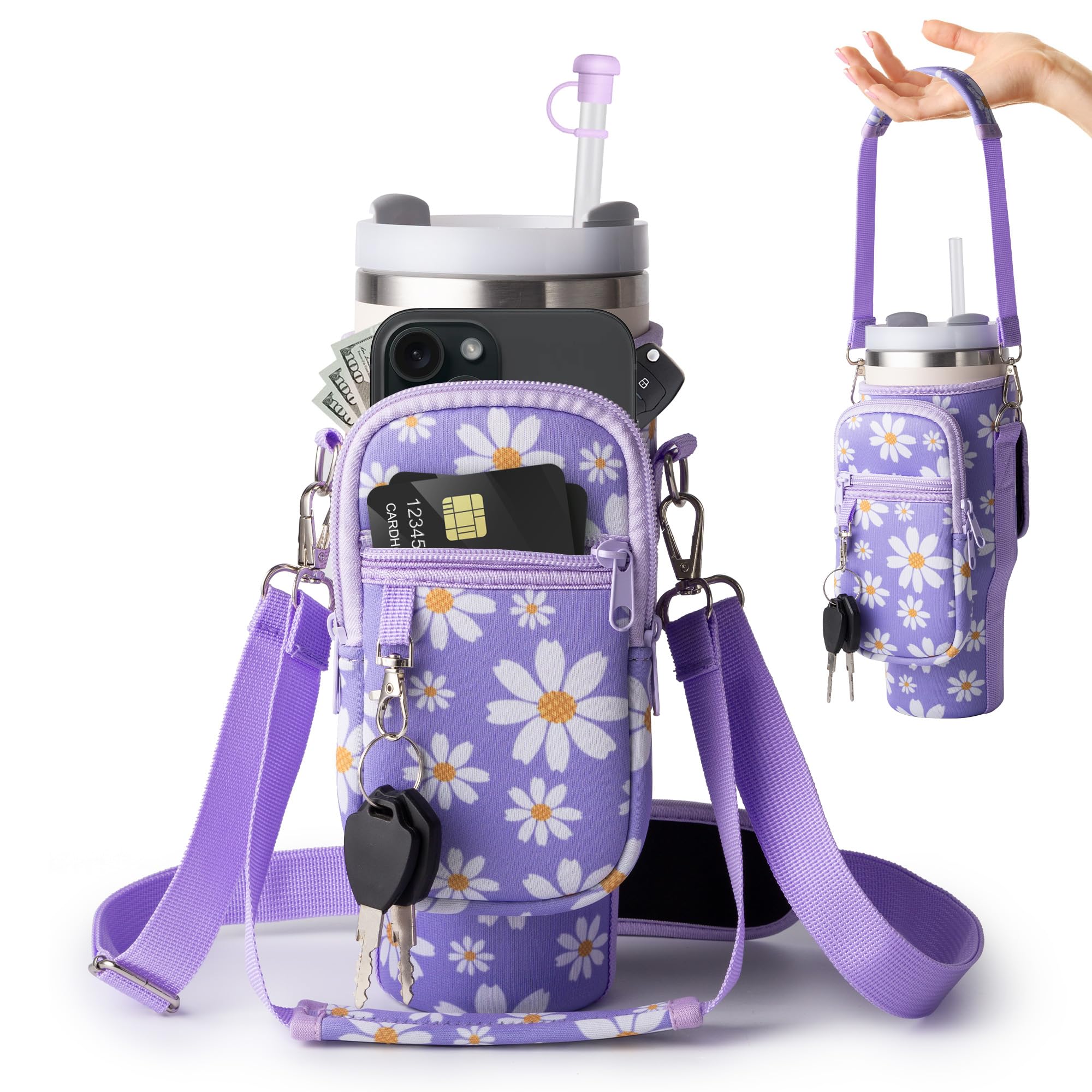 linmaya Water Bottle Carrier Bag with Phone Pocket for Stanley Cup 40/30oz,Insulated Neoprene Water Bottle Holder Cross-body Carrier Bag with Adjustable Shoulder & Handheld Strap (Purple Daisy, 40oz)