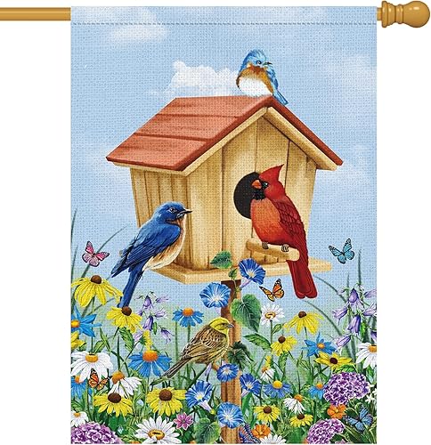 Miniatura 7 de Louise Maelys Bandera de bienvenida para jardín de pájaros de primavera de 12 x 18 pulgadas, vertical de doble cara, de arpillera, pequeño, floral,