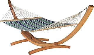 Quilted Hammock and Wood Arc Stand (Green Blue Stripe Hammock & Wood Arc Stand)